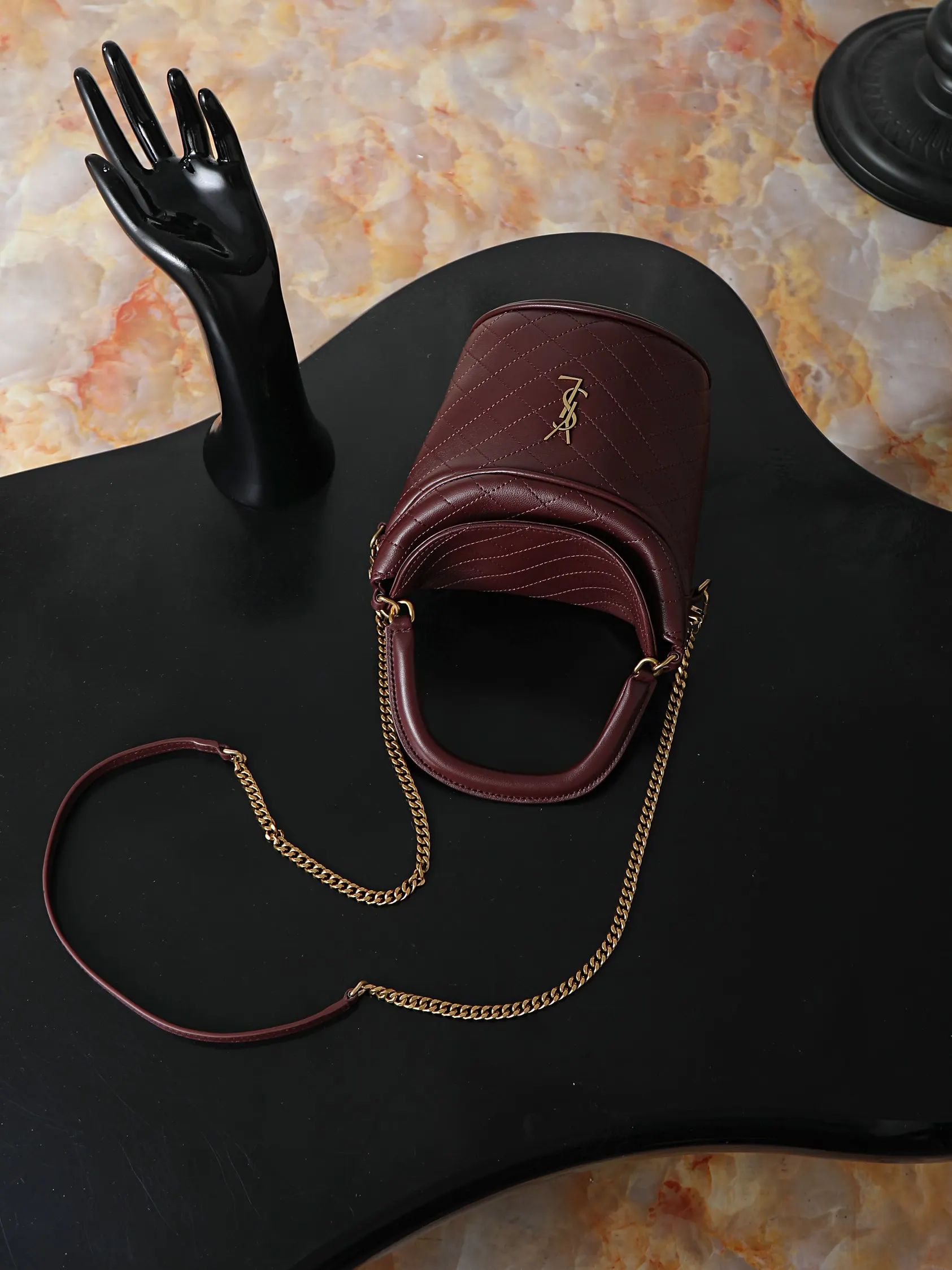 YSL 枣紅 GabyBucket翻盖水桶包 薯条包 见面 鏈條包 精致鏈條款