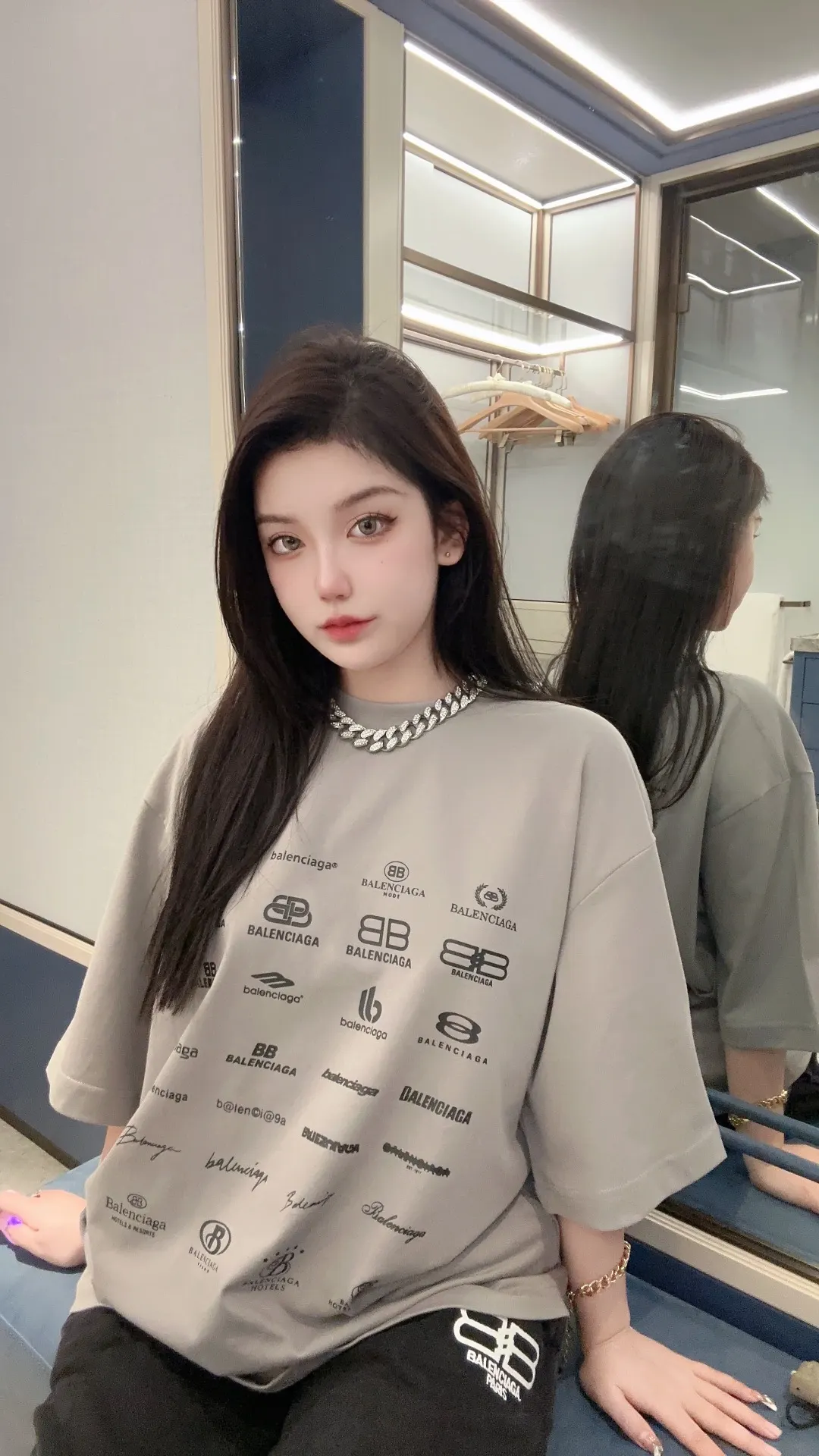 Balenciaga Gray Cotton Logo Short Sleeve T-Shirt Loose