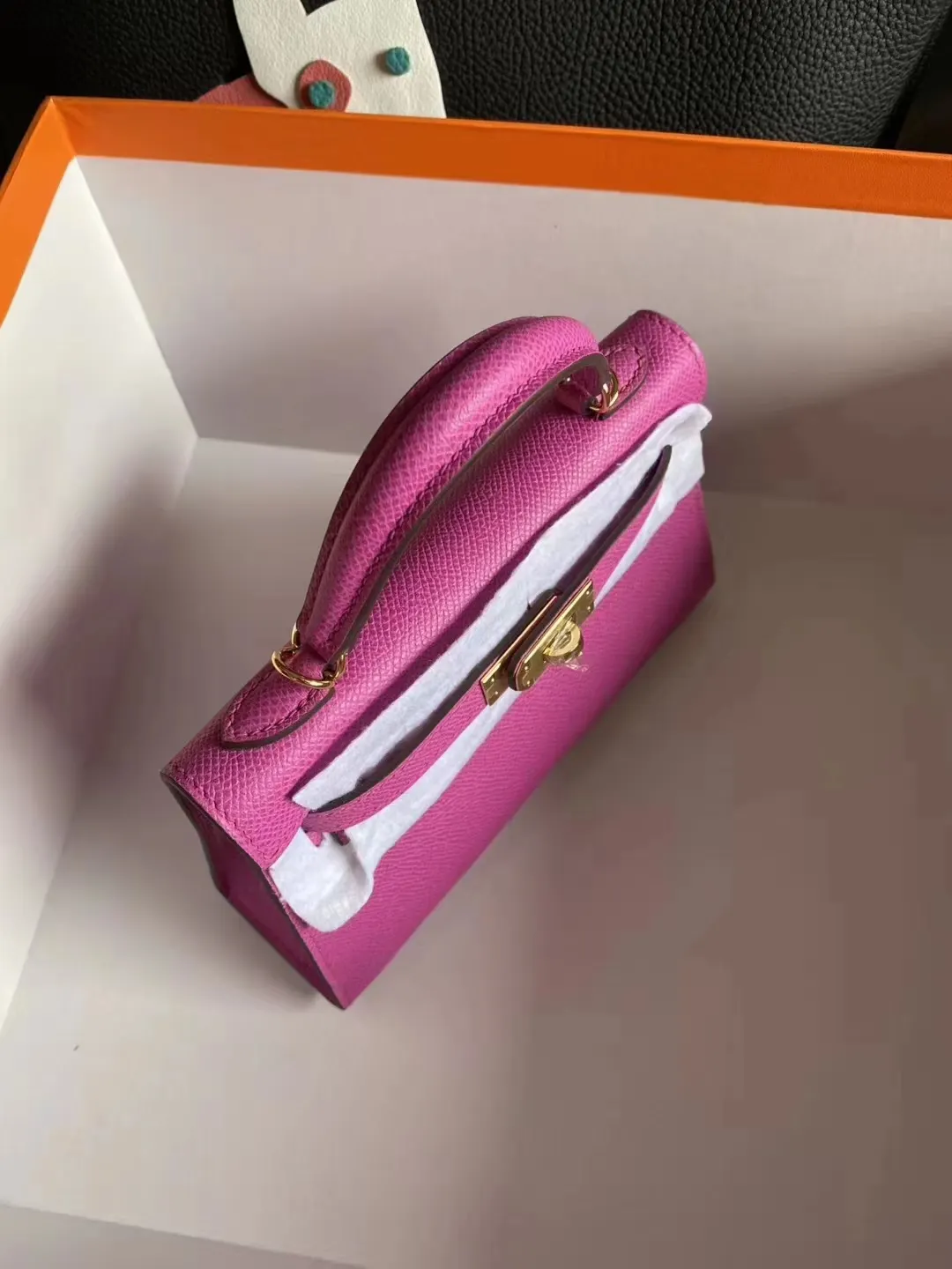 Hermès 迷你皮革手提包 玫红金扣