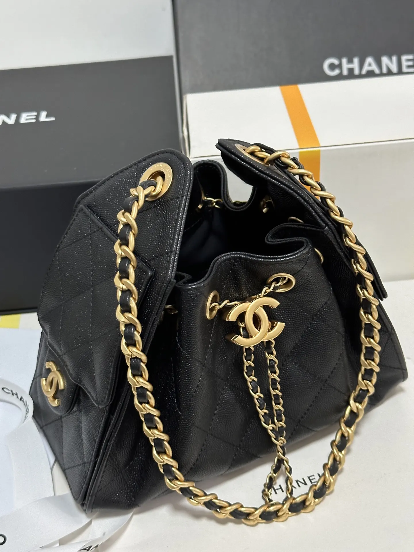 Chanel Black White Hobo Shoulder Bag Vintage Leather