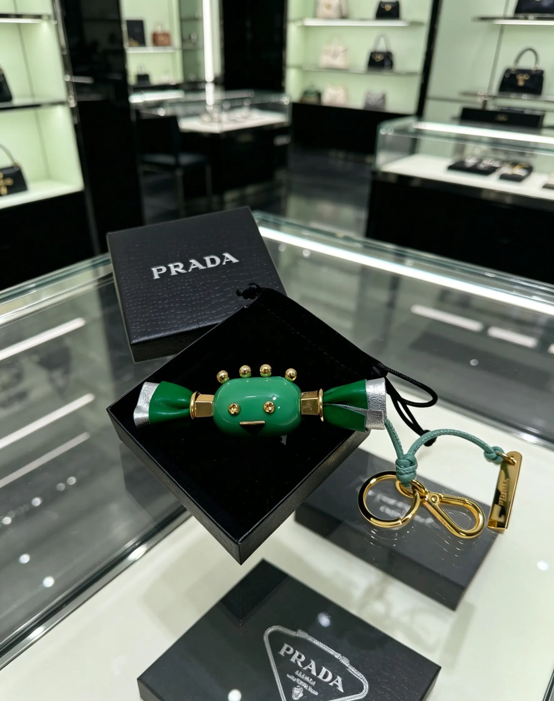 Prada Green Leather Triangle Logo Bag Charm / Keychain