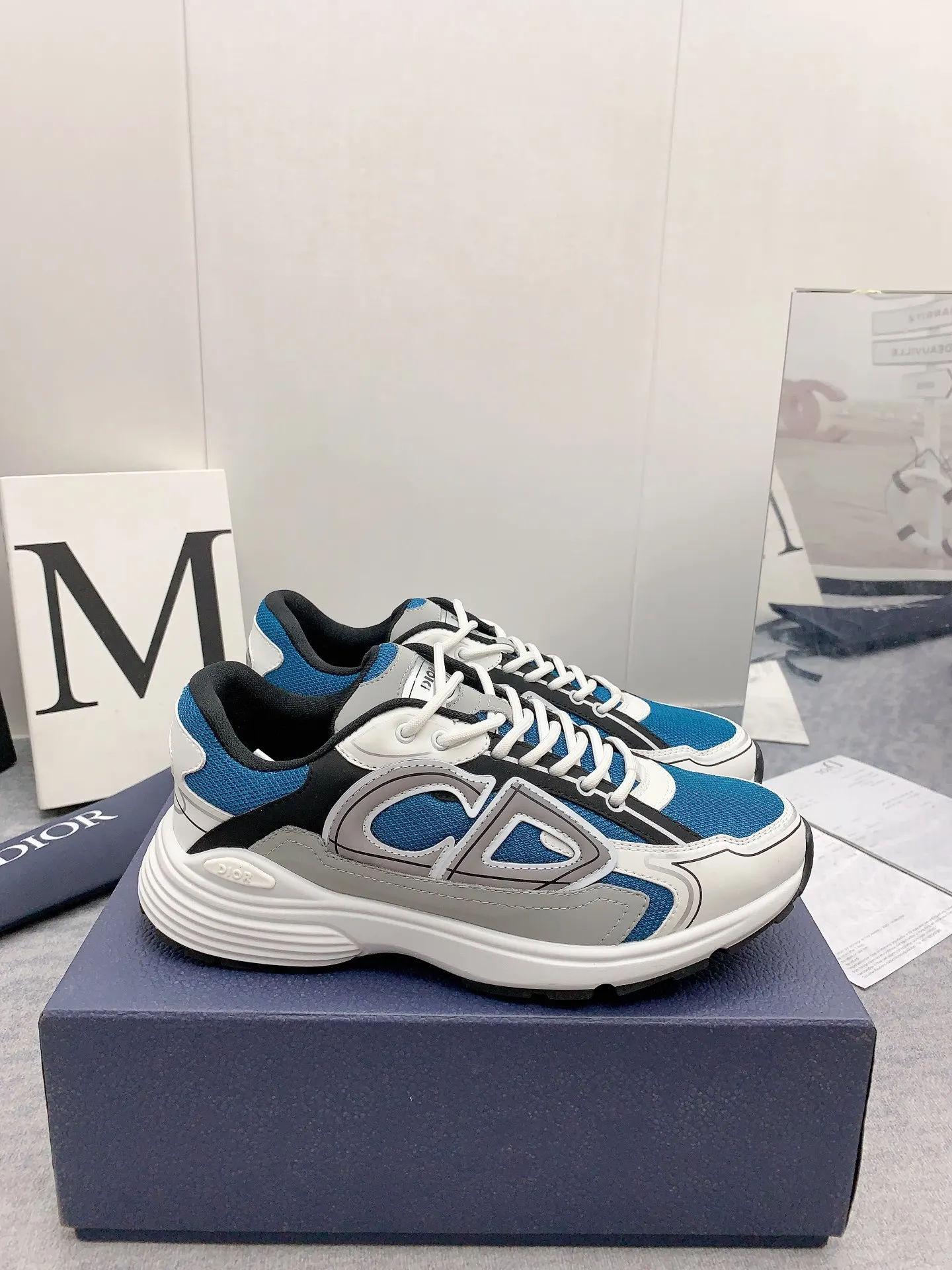 Dior B30 Mesh And Leather Sneakers In Blue Grey