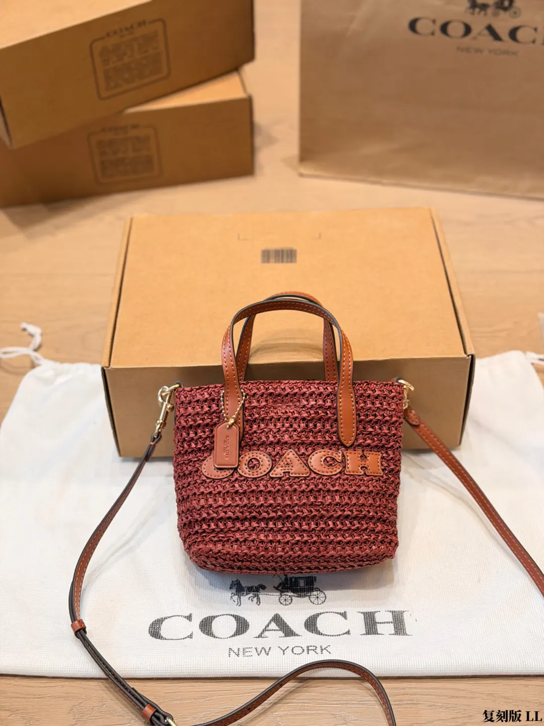 Coach 棕色 紅色 皮革 托特包 大容量托特款