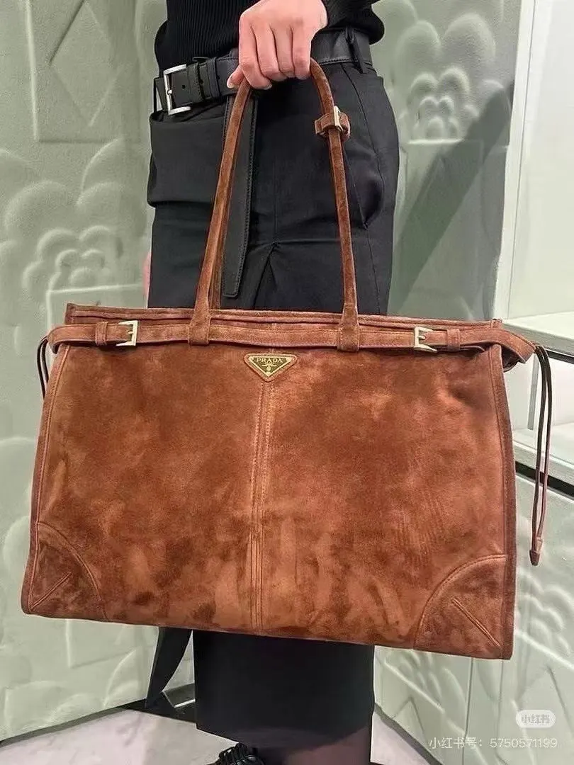 PRADA Brown Suede Top Handle Crossbody Bag