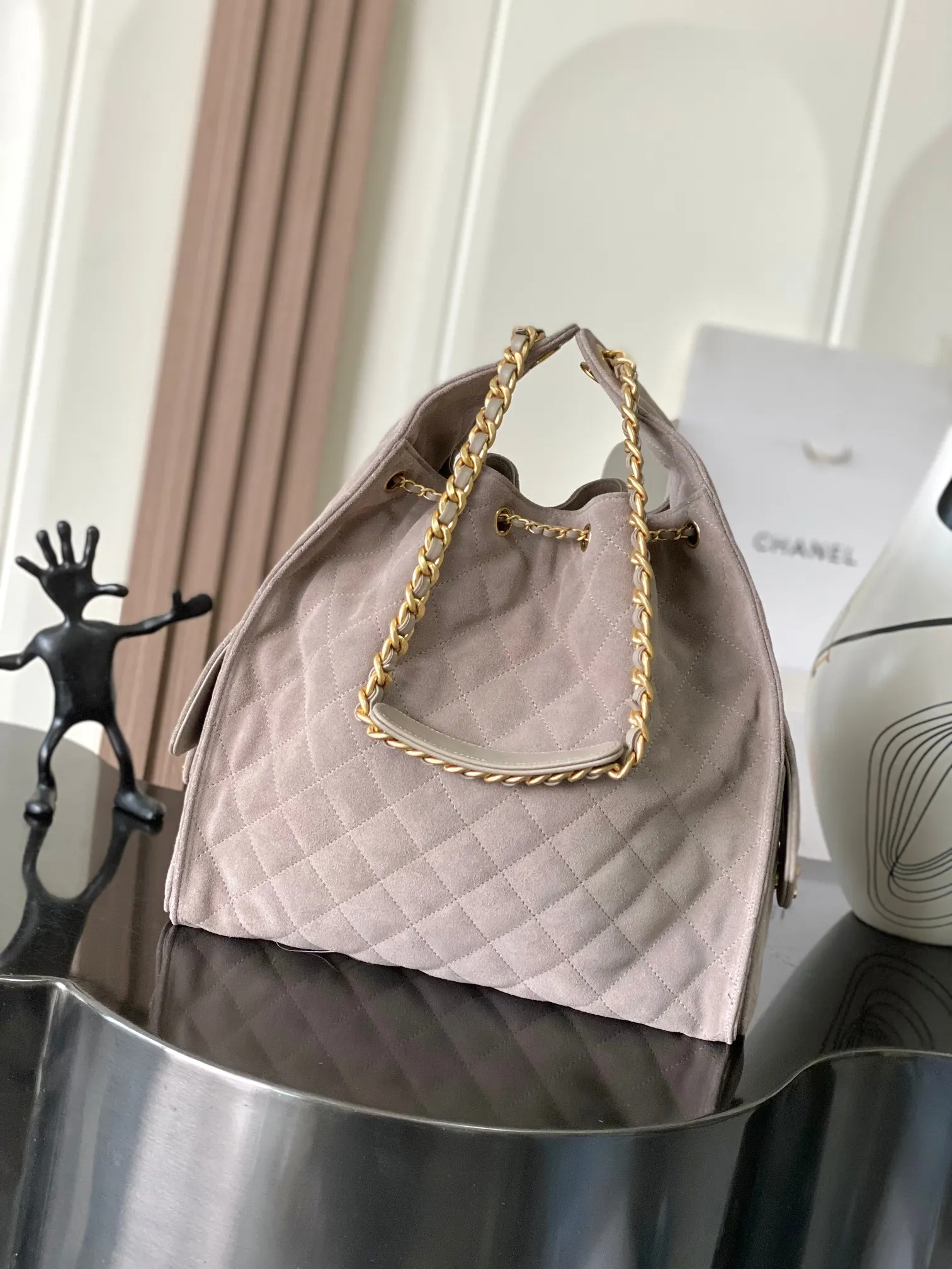 CHANEL 米灰色牛皮Hobo腋下包 单肩款