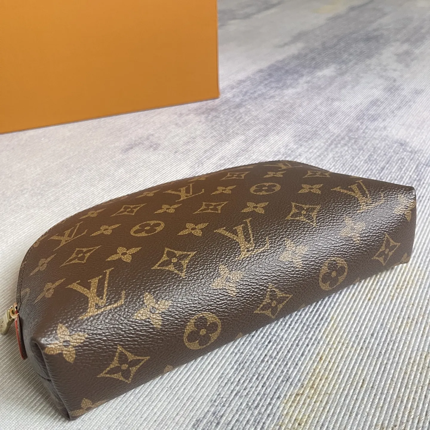 Gold Monogram Cosmetic Pouch Leather
