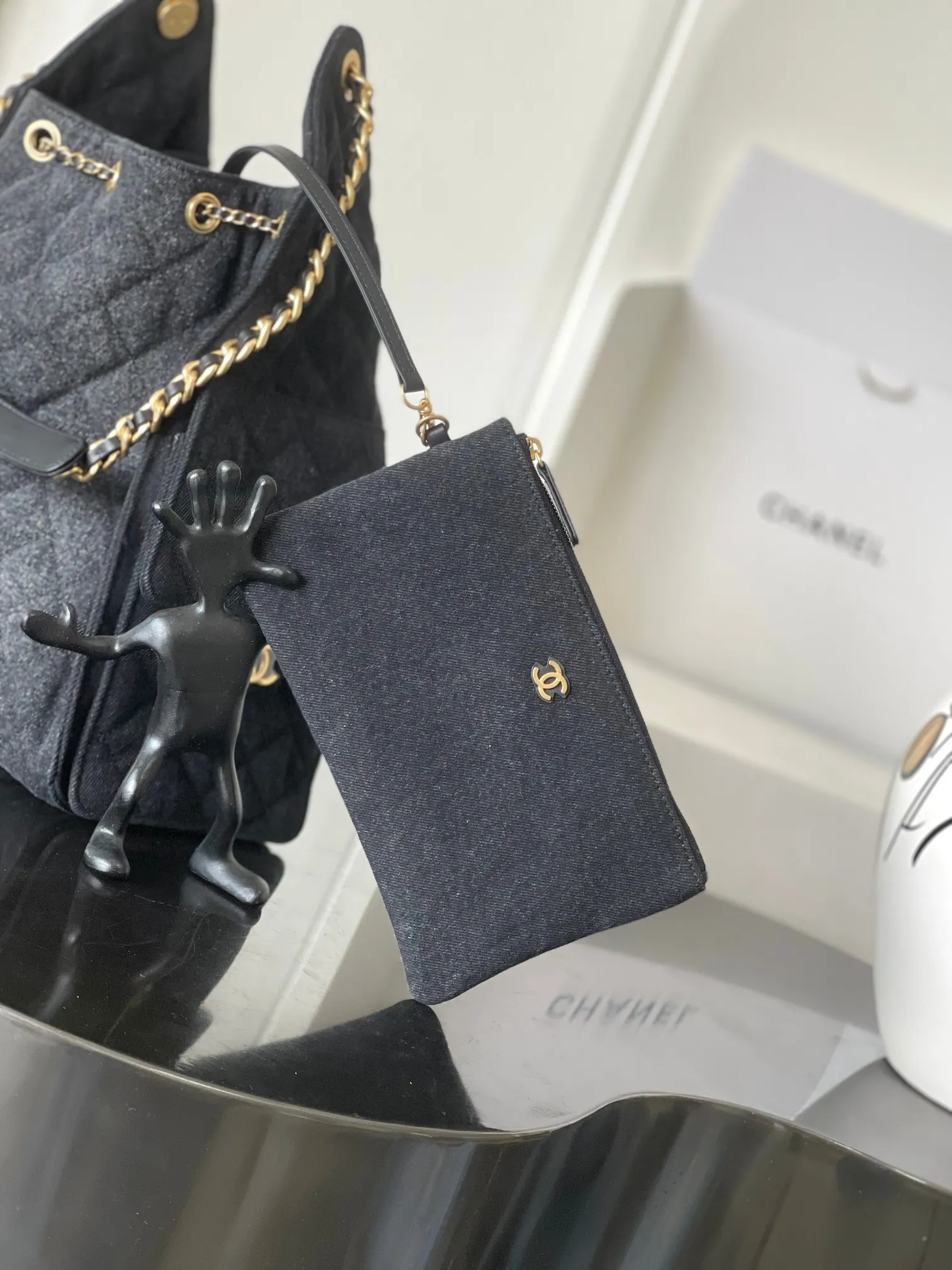 Chanel 黑蓝牛仔布Hobo腋下包 链条单肩