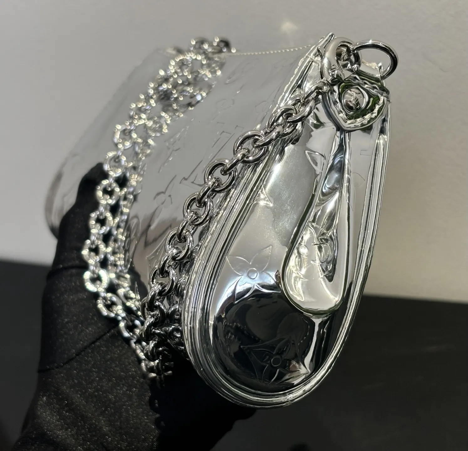 Louis Vuitton Pochette Monogram Chain Bag Silver