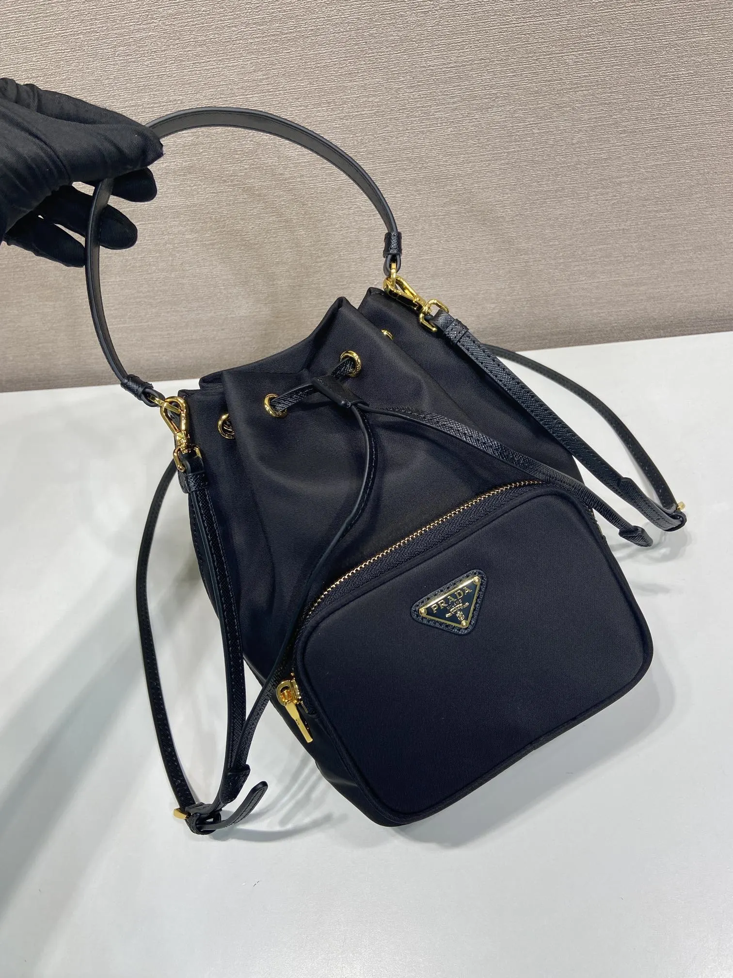 Prada Re-Nylon Leather Saffiano Bucket Bag