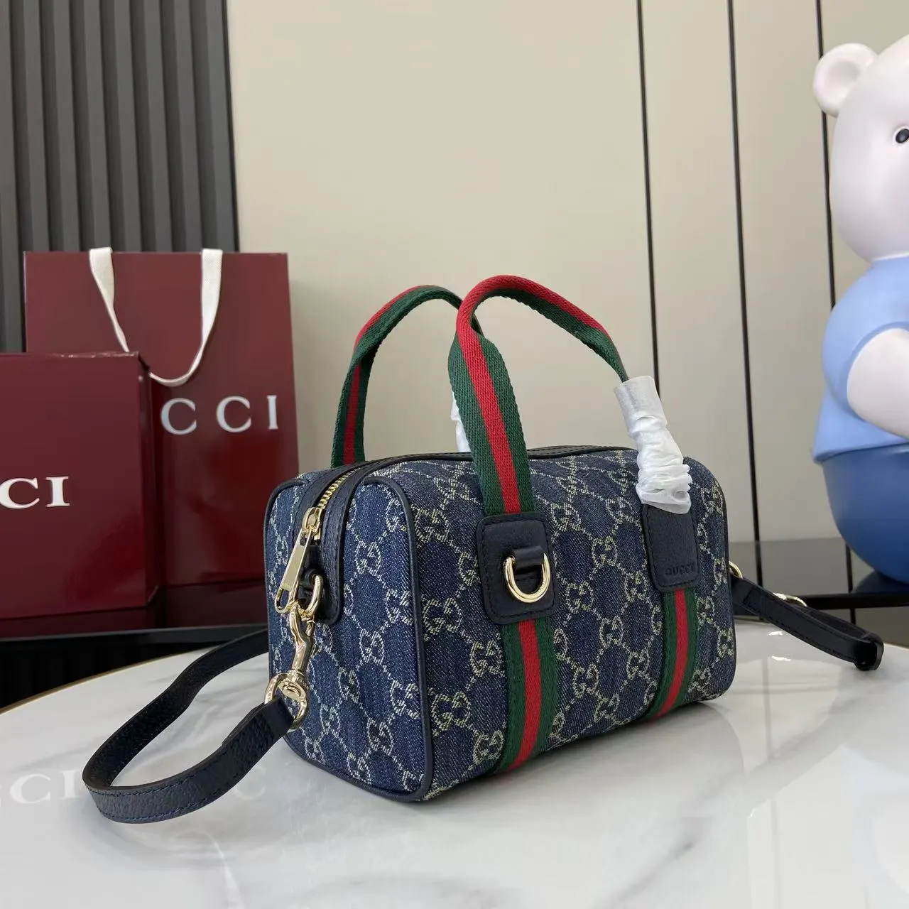 Gucci 棕色 蓝色 丹宁 旅行包 大容量旅行款