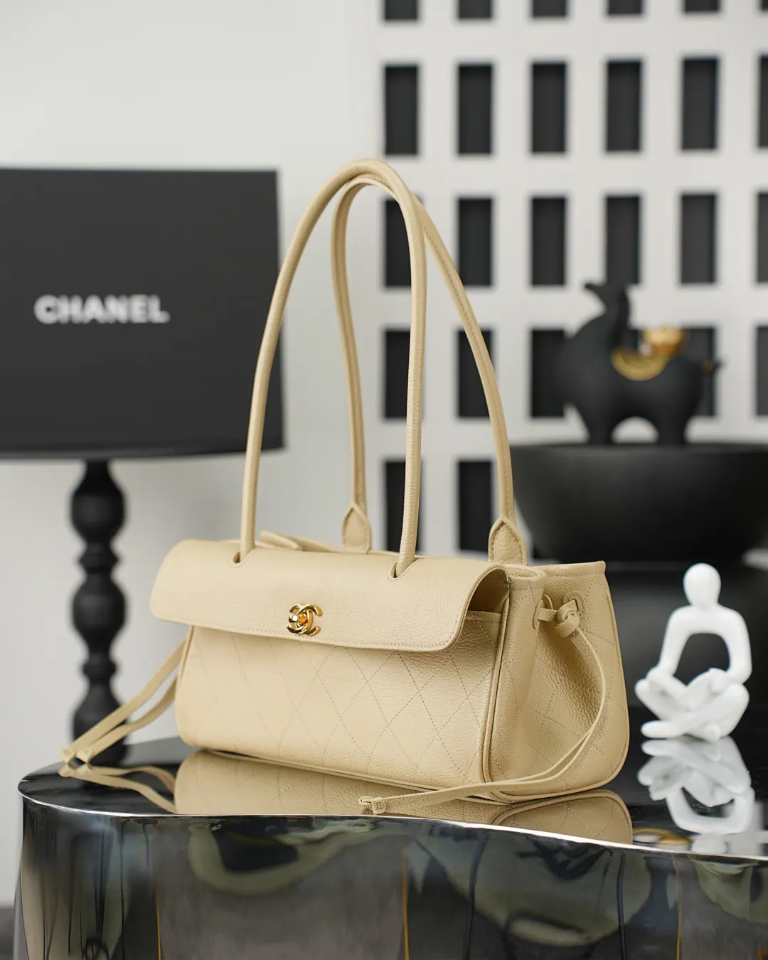 CHANEL 白色 藍色 小牛皮 腋下包 復古腋下背款