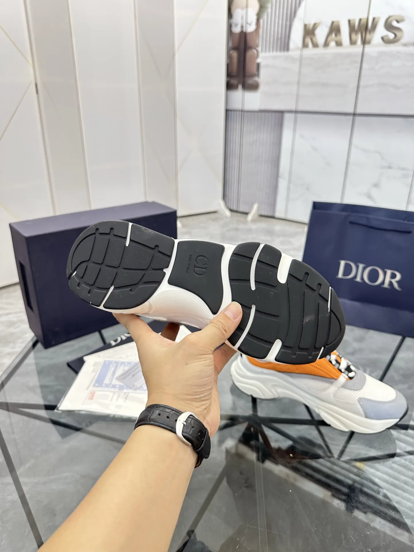 Dior B22 白橙拼色牛皮休闲鞋 亮色款