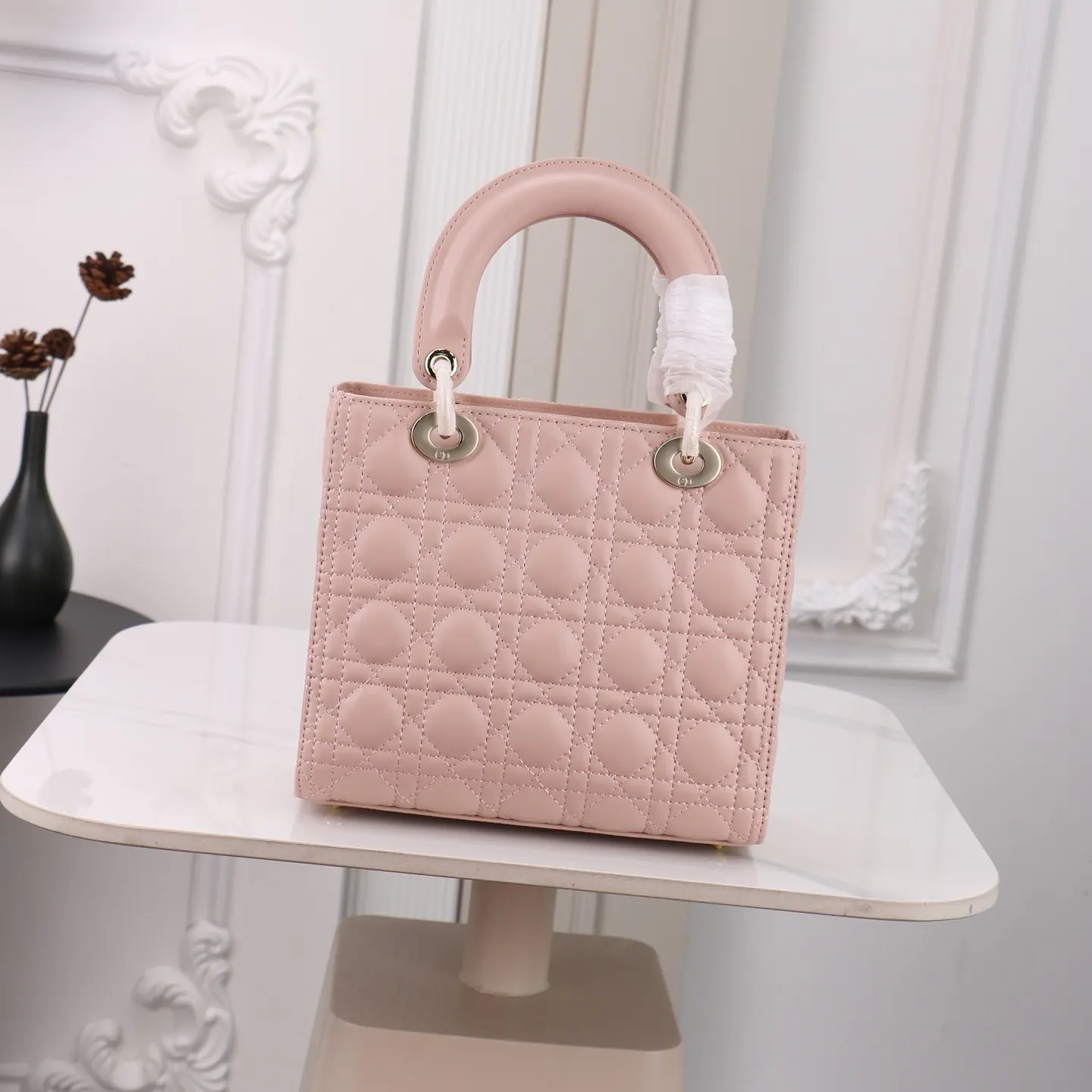 Dior Lady Dior 浅粉色藤格纹手提斜挎包 迷你款