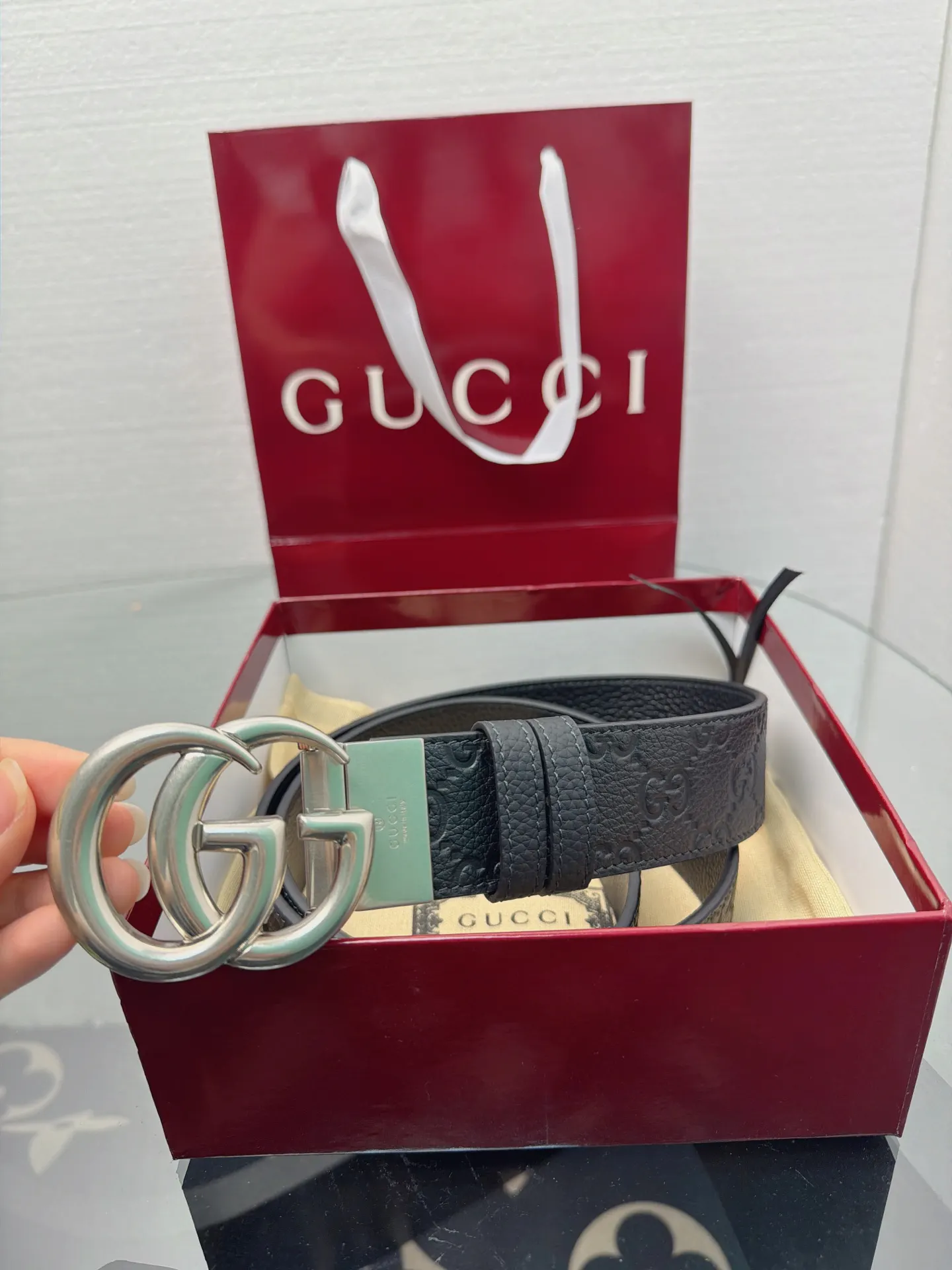 Gucci Double G 皮革 Monogram 腰带