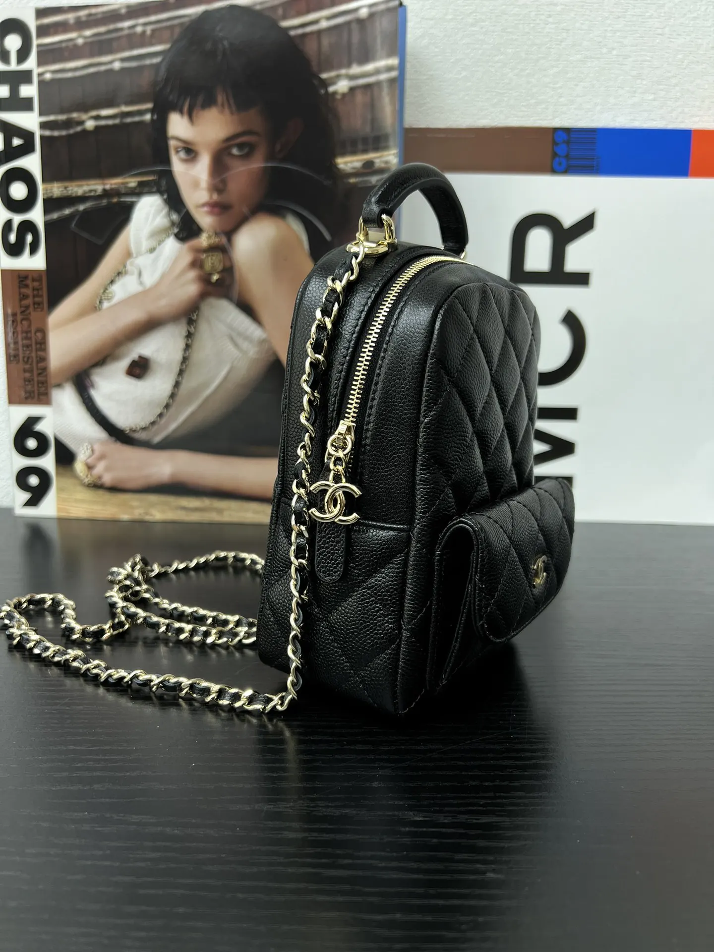 Chanel 黑色牛皮鏈條雙肩包 復古通勤