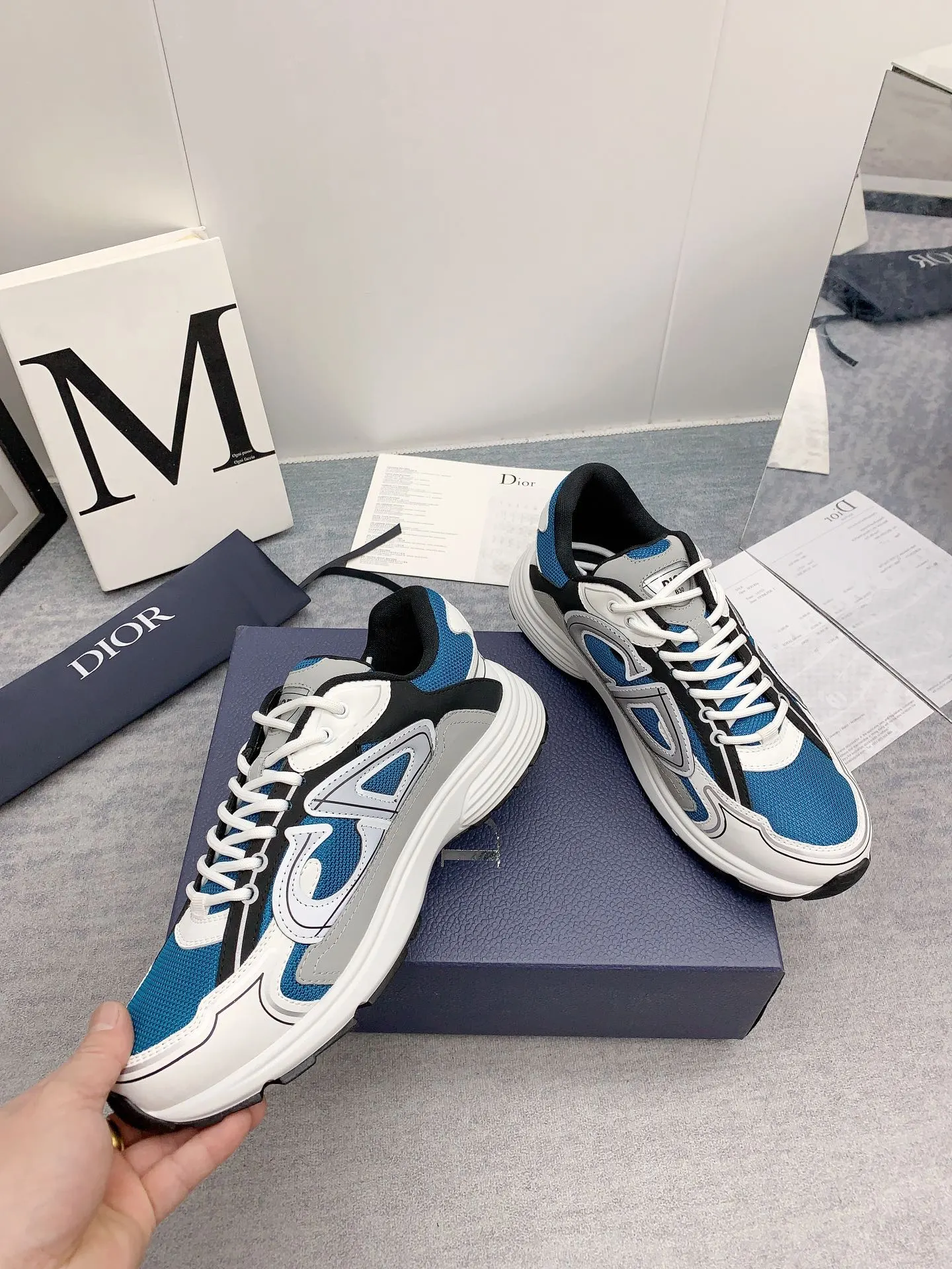 Dior B30 Mesh And Leather Sneakers In Blue Grey