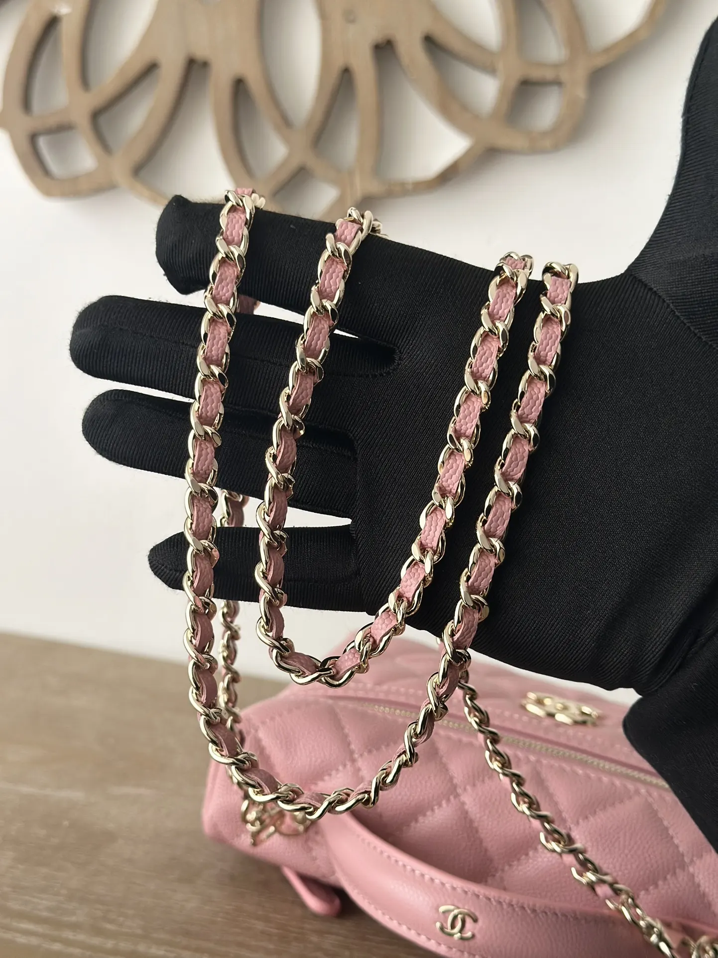 Pink Gold Chain Bag Leather