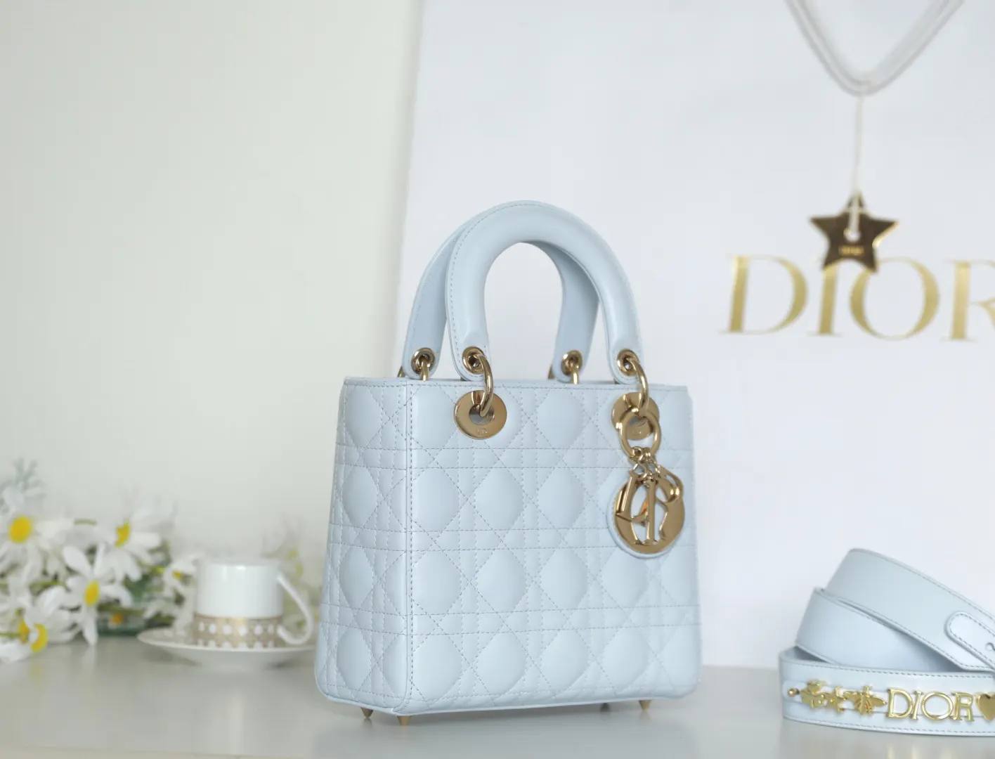 Dior Cannage藤格纹 冰川蓝羊皮手袋 手提斜挎