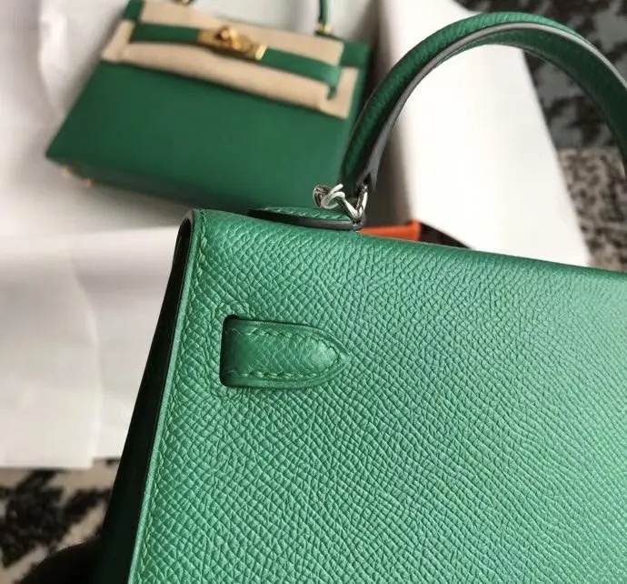 Hermès 迷你皮革手提包 翡翠绿金扣