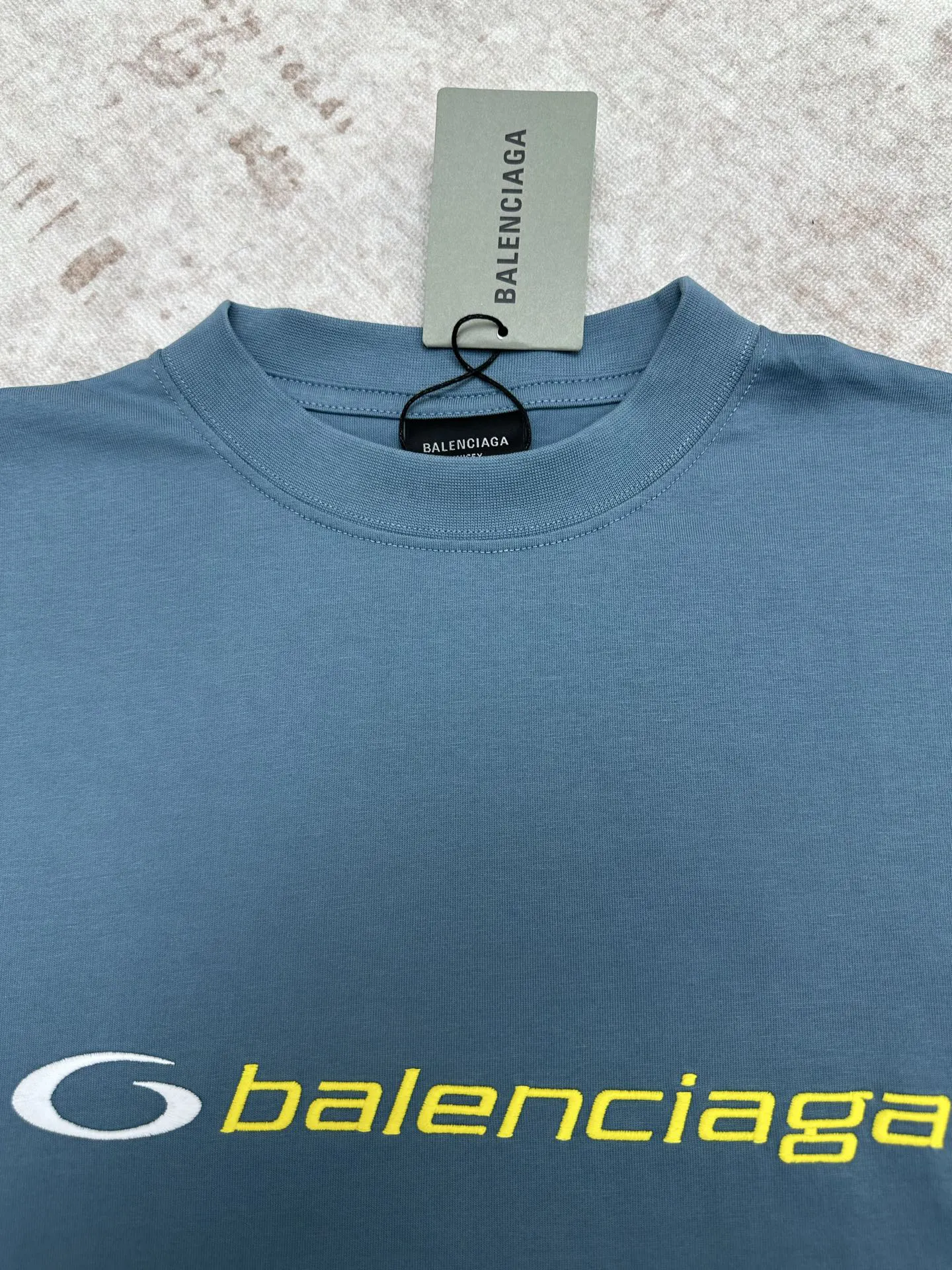 Balenciaga 蓝色 Logo 刺绣 短袖T恤 街头休闲款