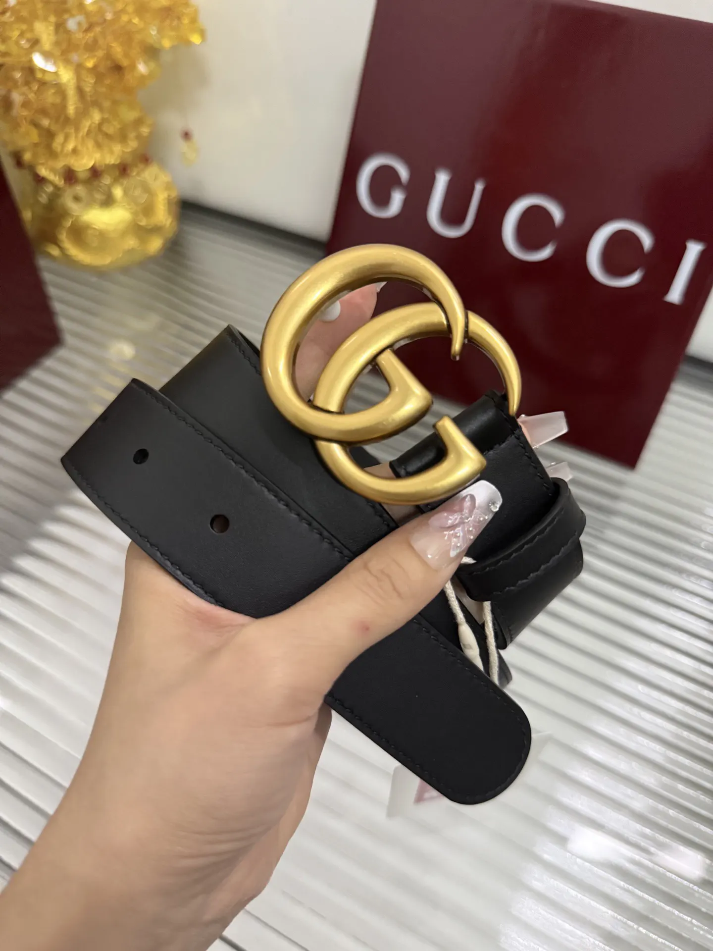 Gucci Double G 棕色 皮革 腰带