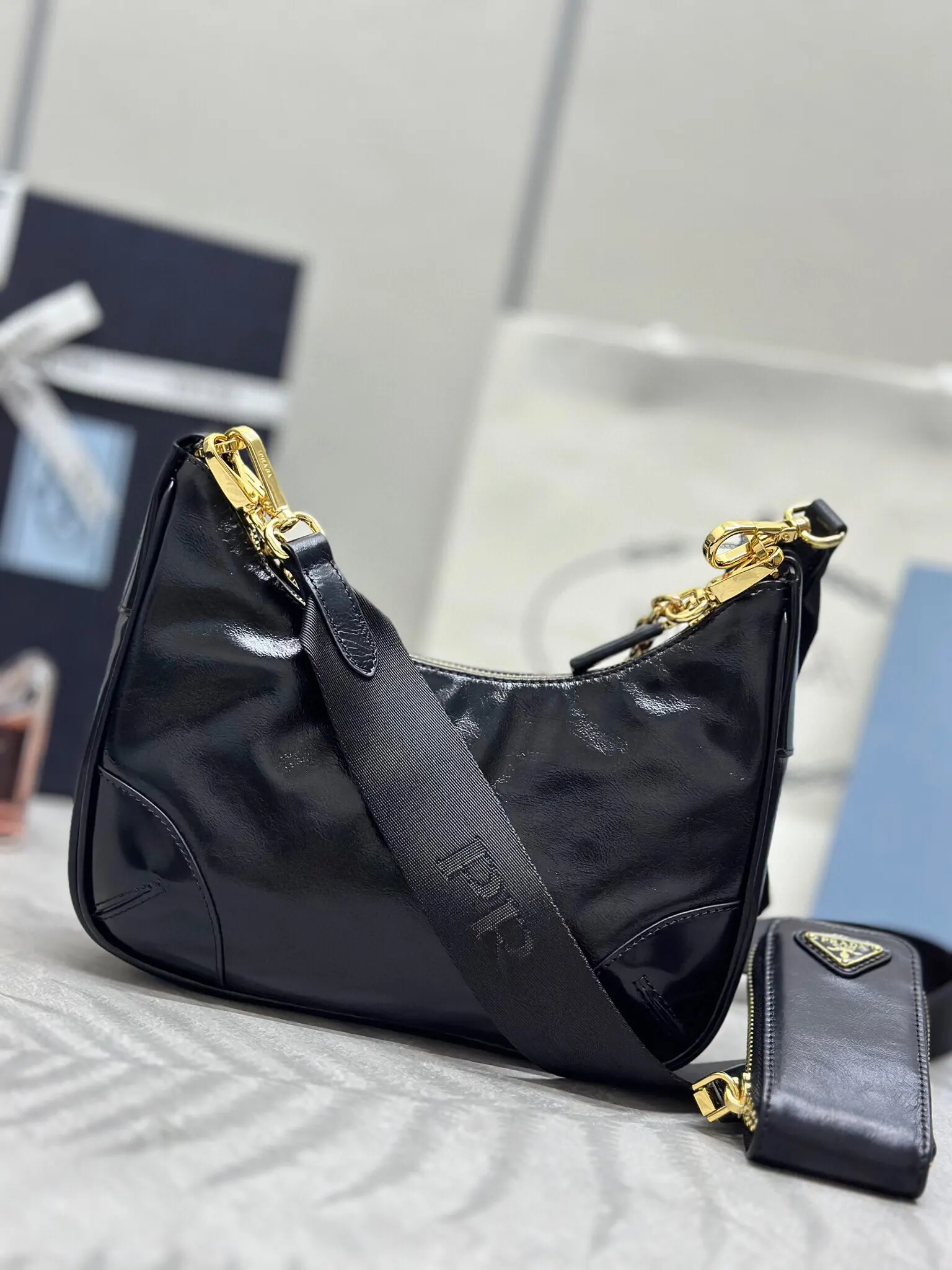 Prada Re-Nylon 黑色 链条Hobo腋下包 小包组合