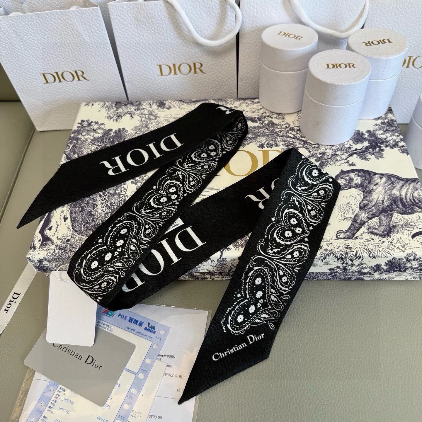 Dior 黑白提花真丝丝巾 细长绑带