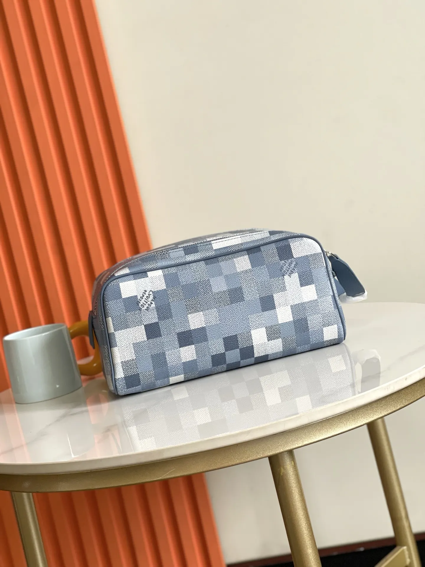 Blue Beige Cosmetic Pouch Leather
