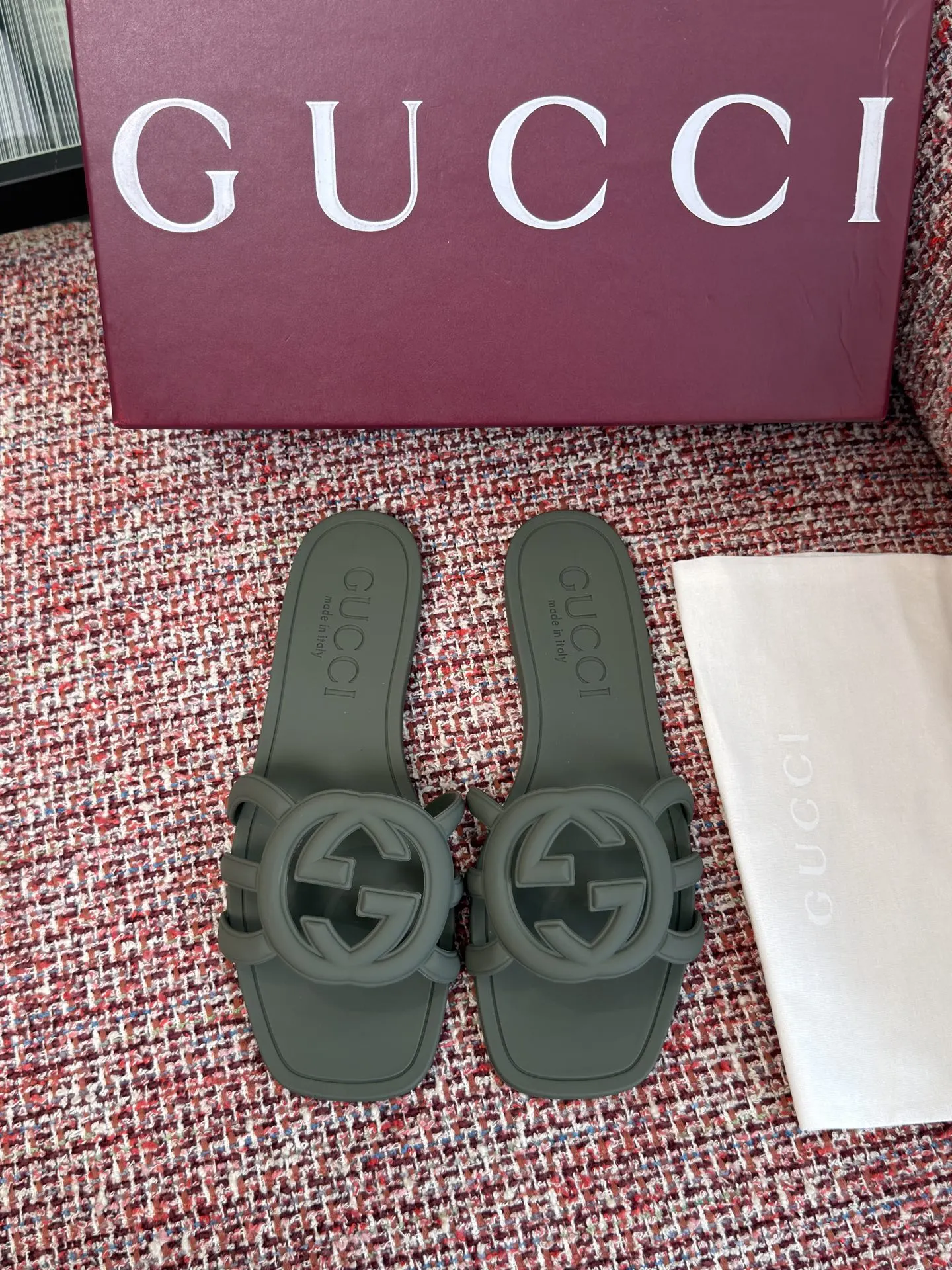 Gucci Interlocking G 灰绿色凉拖 休闲 运动鞋