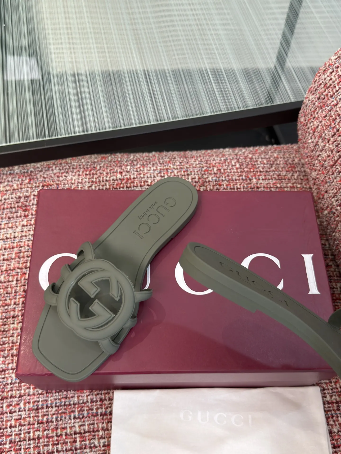 Gucci Interlocking G 灰绿色凉拖 休闲 运动鞋