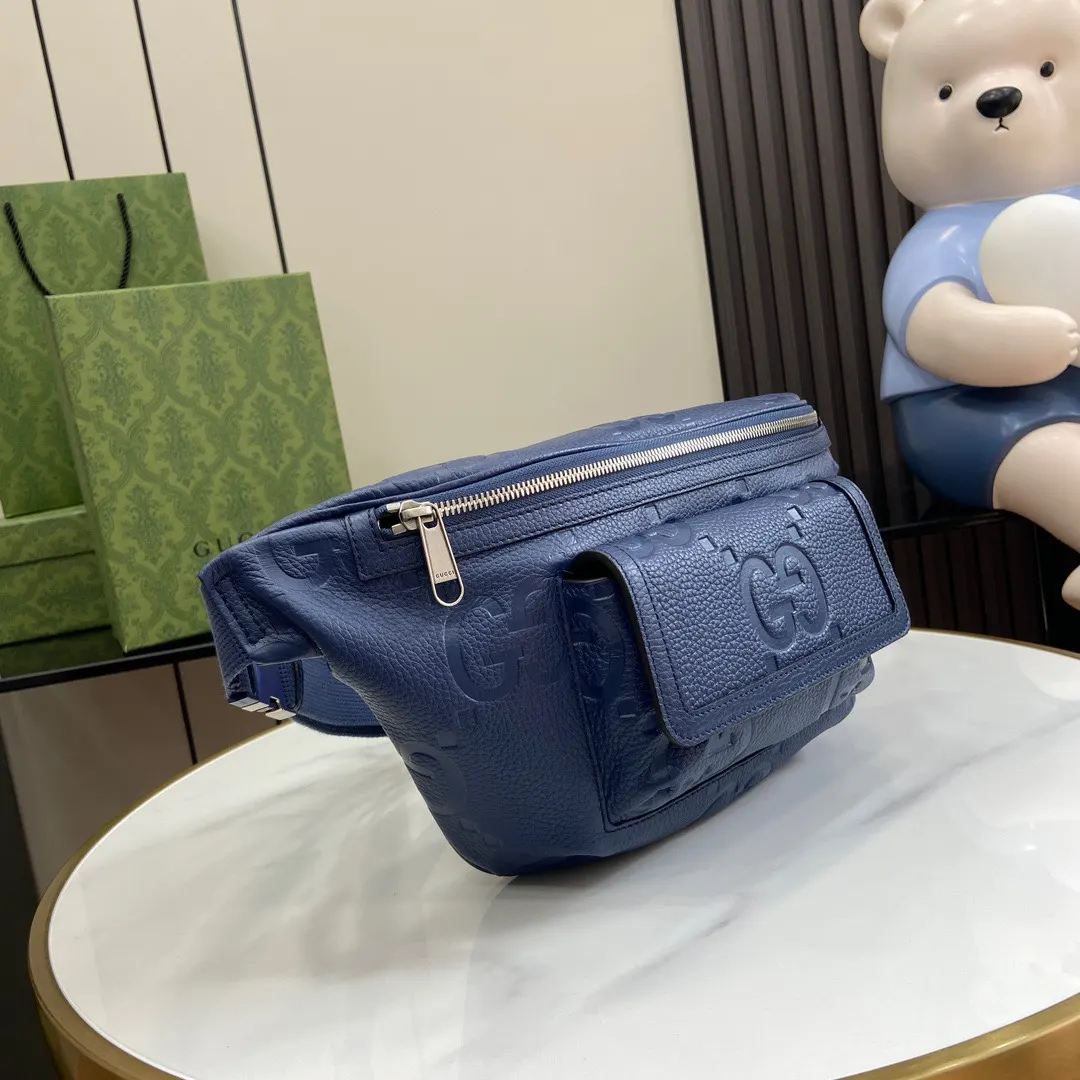 Gucci 藍色 皮革 双g 斜背包 輕便斜挎款