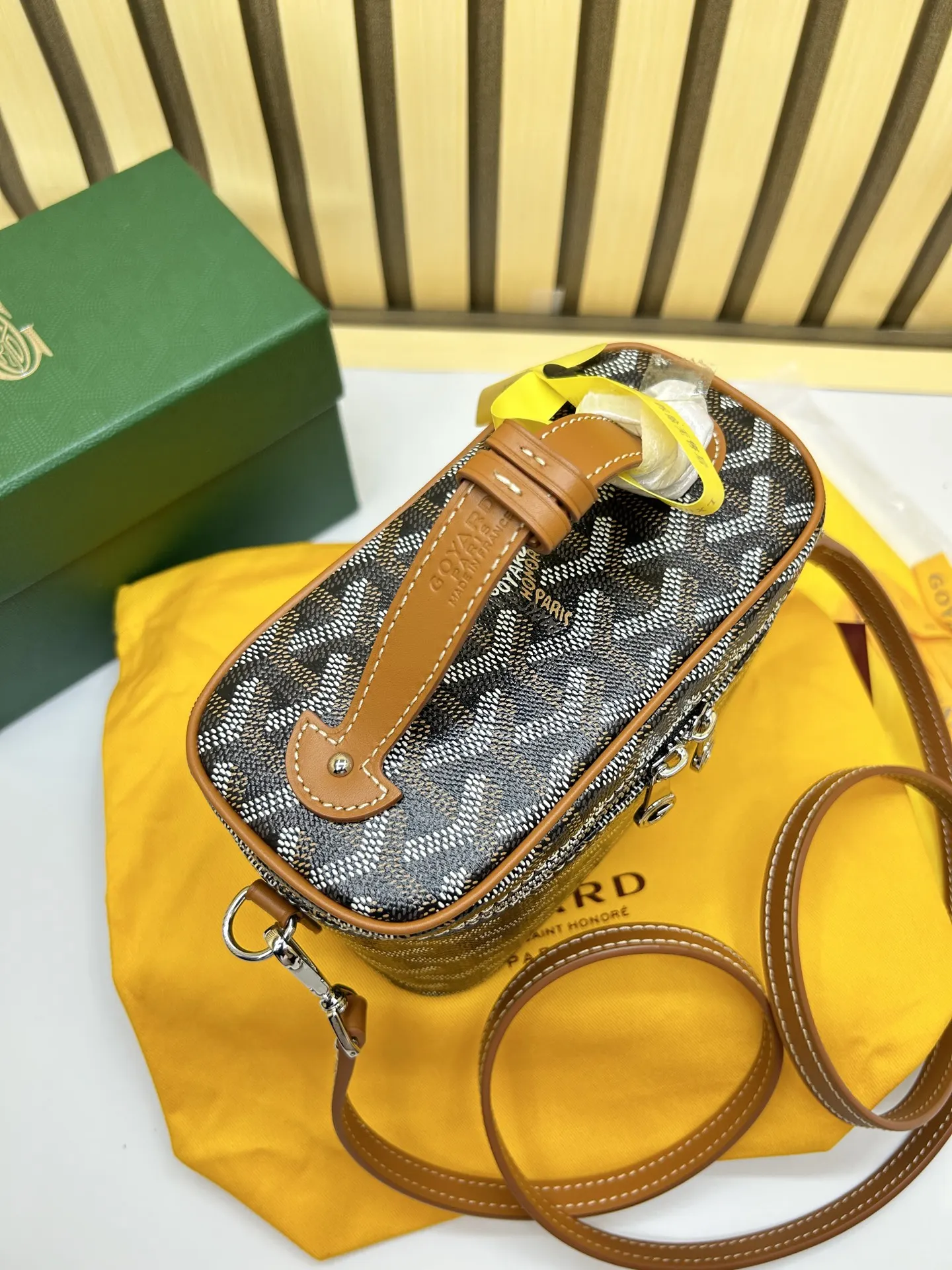 Brown Yellow Cosmetic Pouch Leather