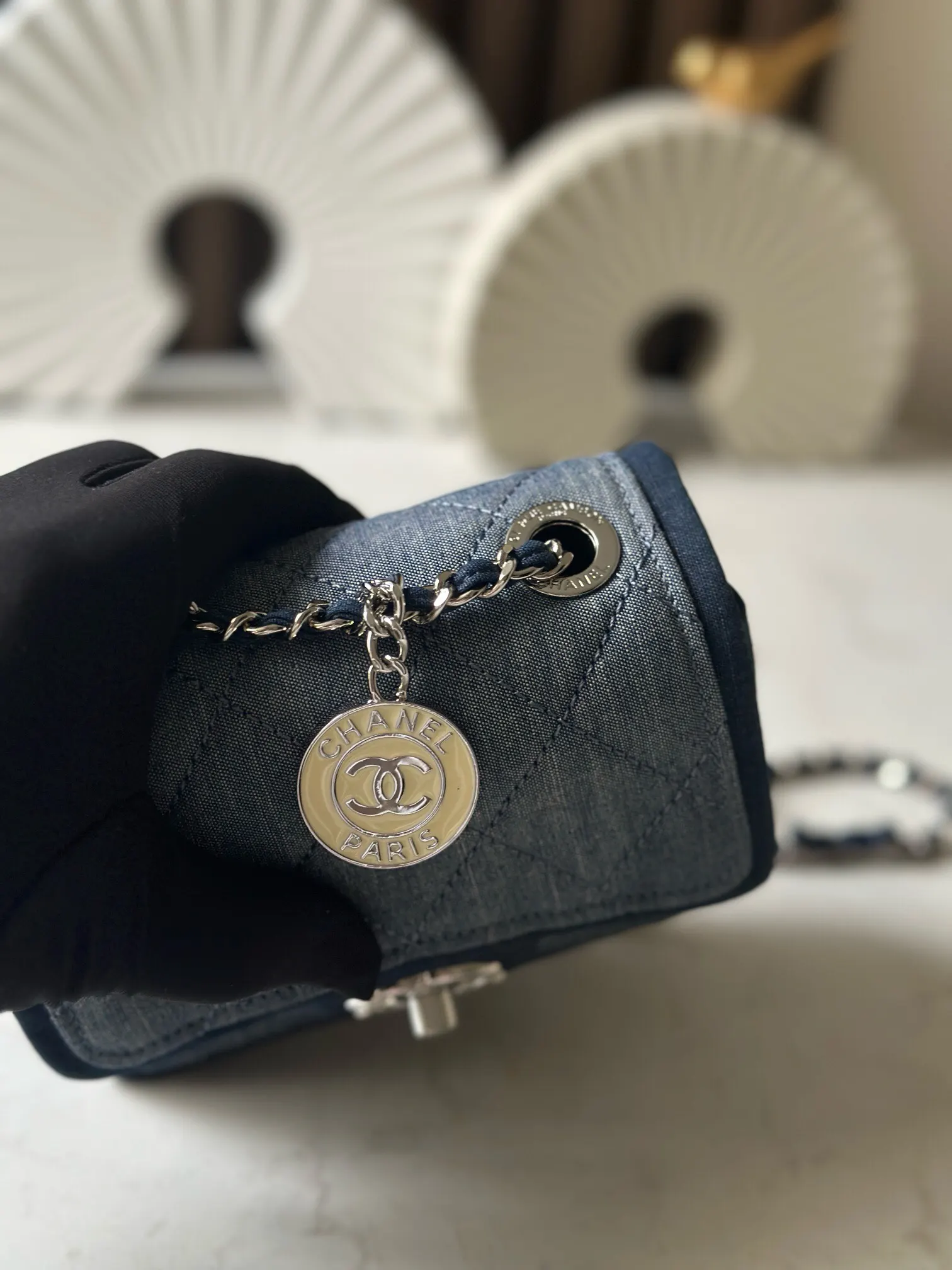 深蓝 牛仔 中古方胖子牛仔拼布深蓝牛仔徽章方胖子 拼色耐脏 链条包 精致链条款