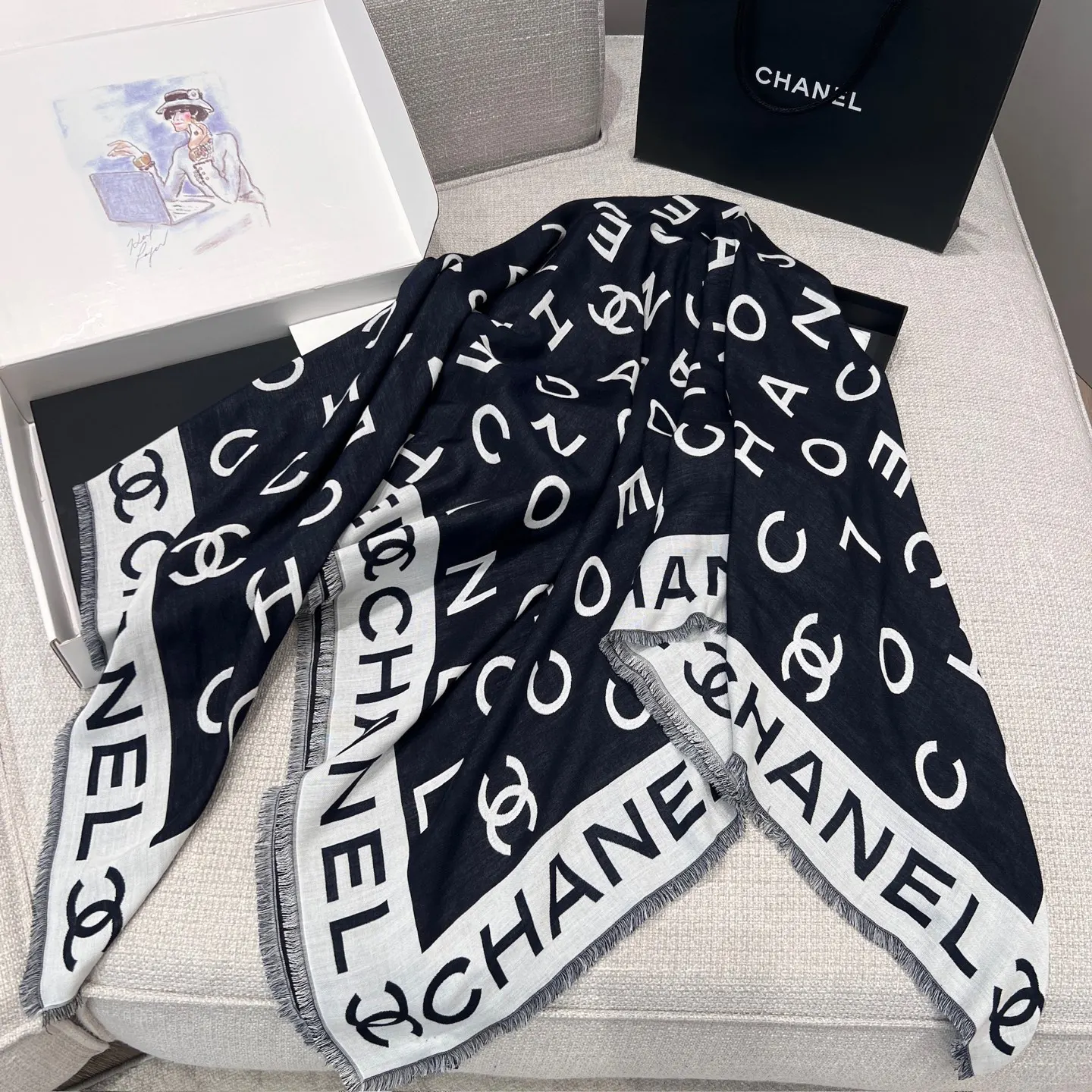 Chanel 藍色 羊毛 圍巾
