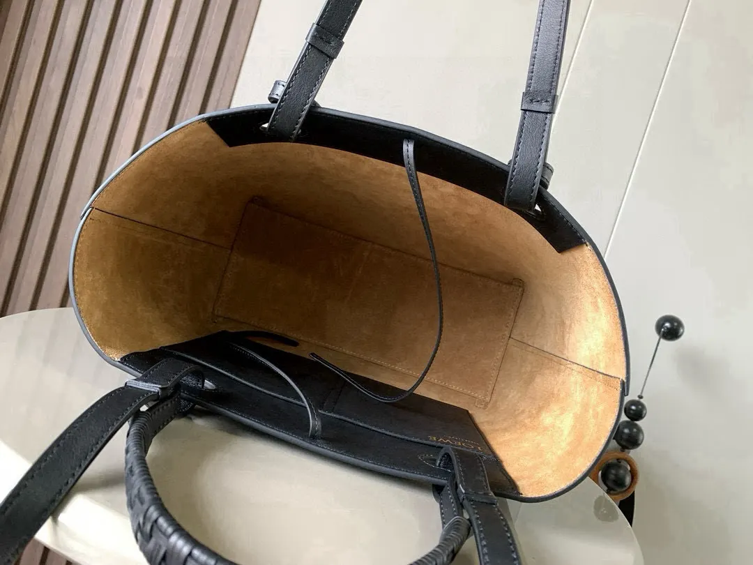 黑色 牛皮 中号牛皮革 Anagram Tote 手袋亚麻布拼接 托特包 大容量托特款