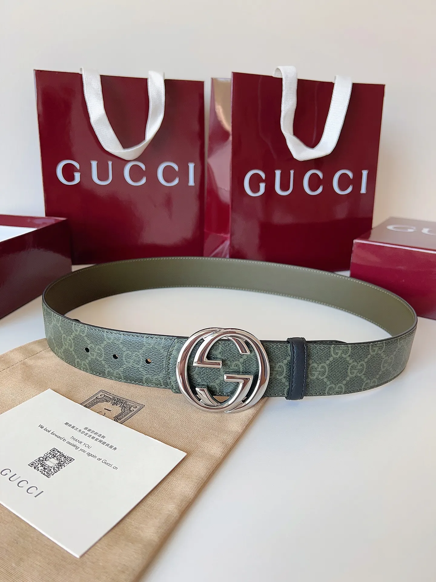 Gucci 双G扣牛皮腰带 绿色