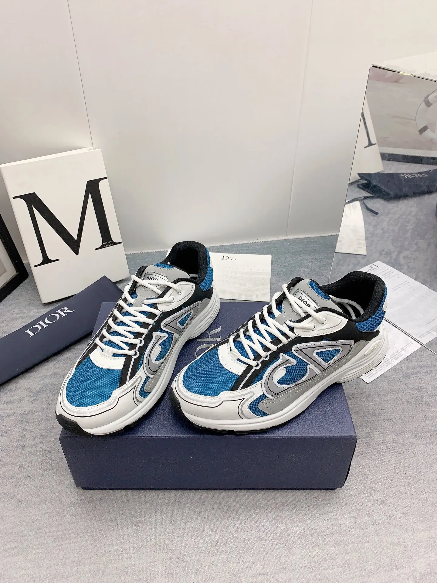 Dior B30 Mesh And Leather Sneakers In Blue Grey