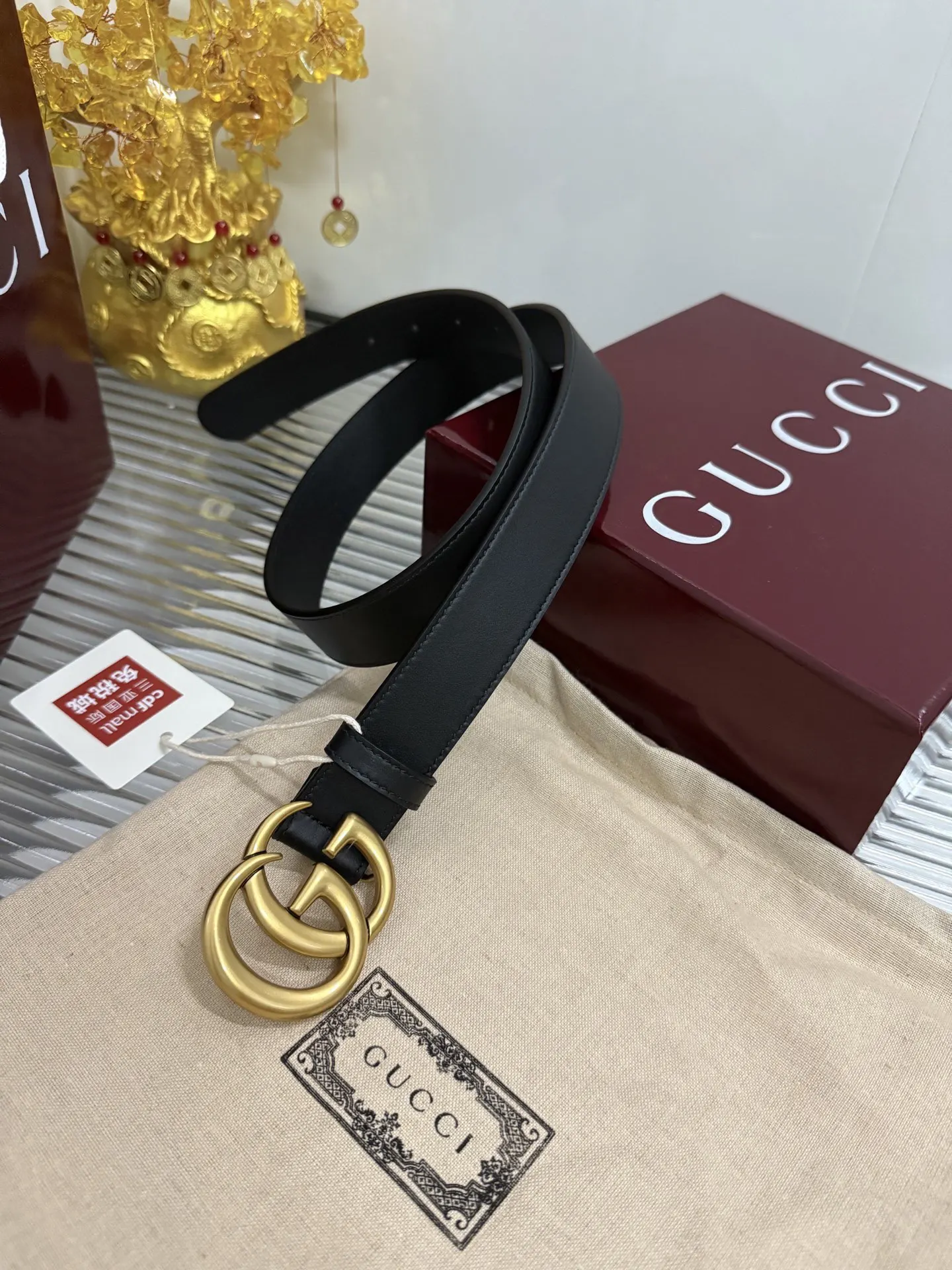 Gucci Double G 棕色 皮革 腰带