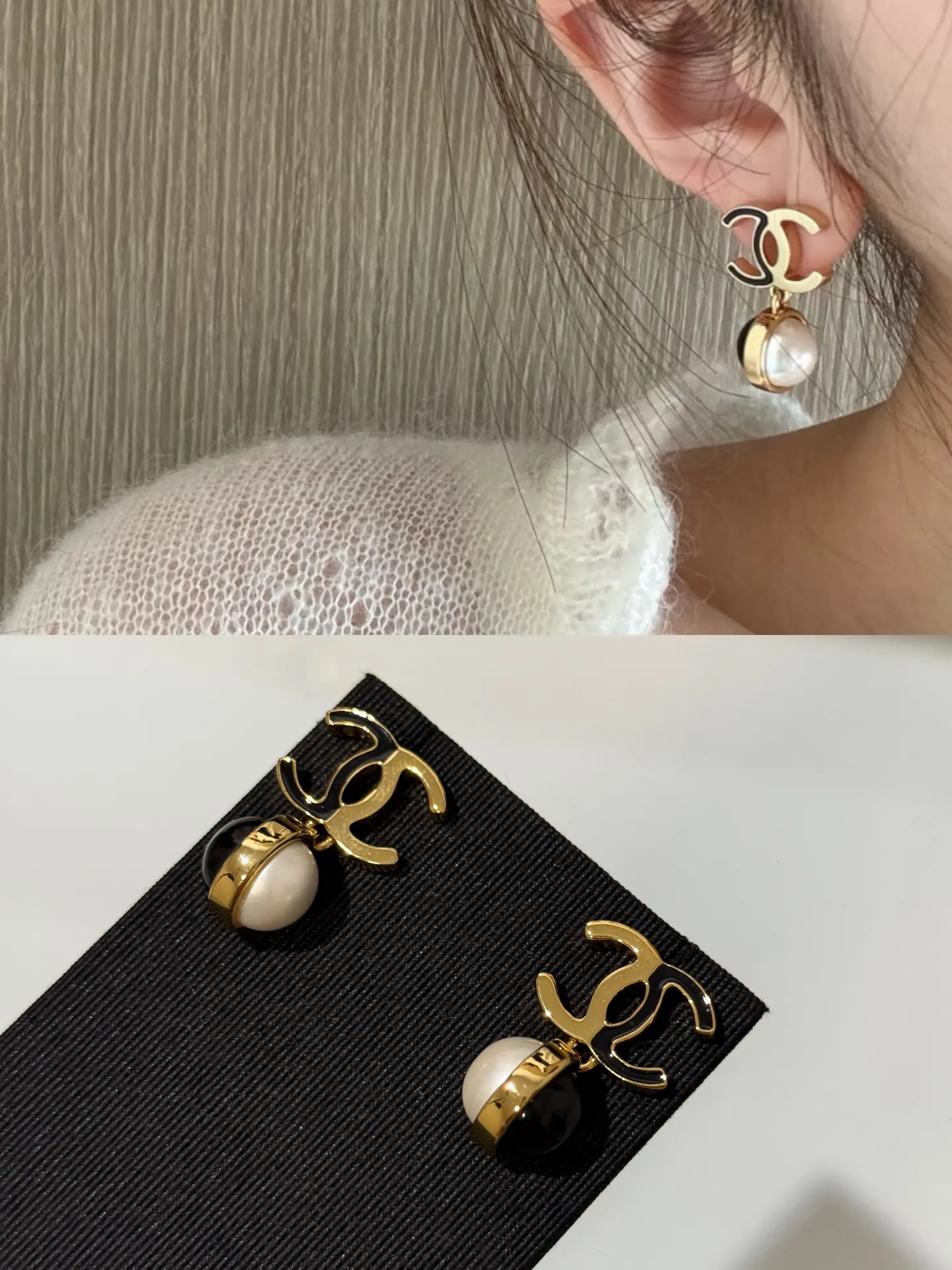 Chanel 黑金 拼色 珍珠 珐琅 耳环 优雅耳饰