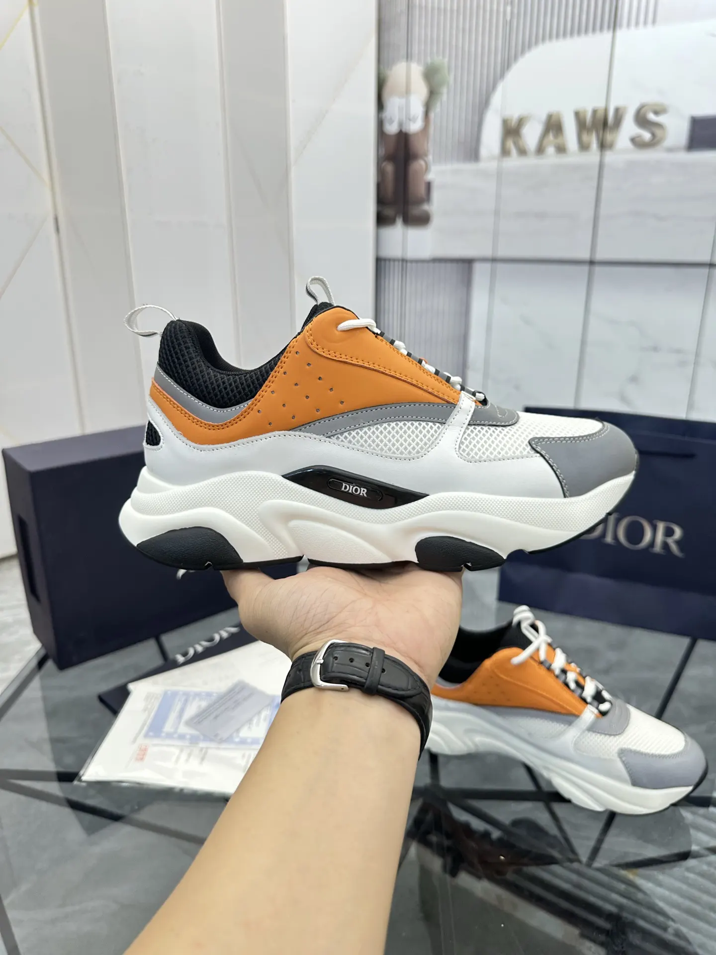 Dior B22 白橙拼色牛皮休闲鞋 亮色款