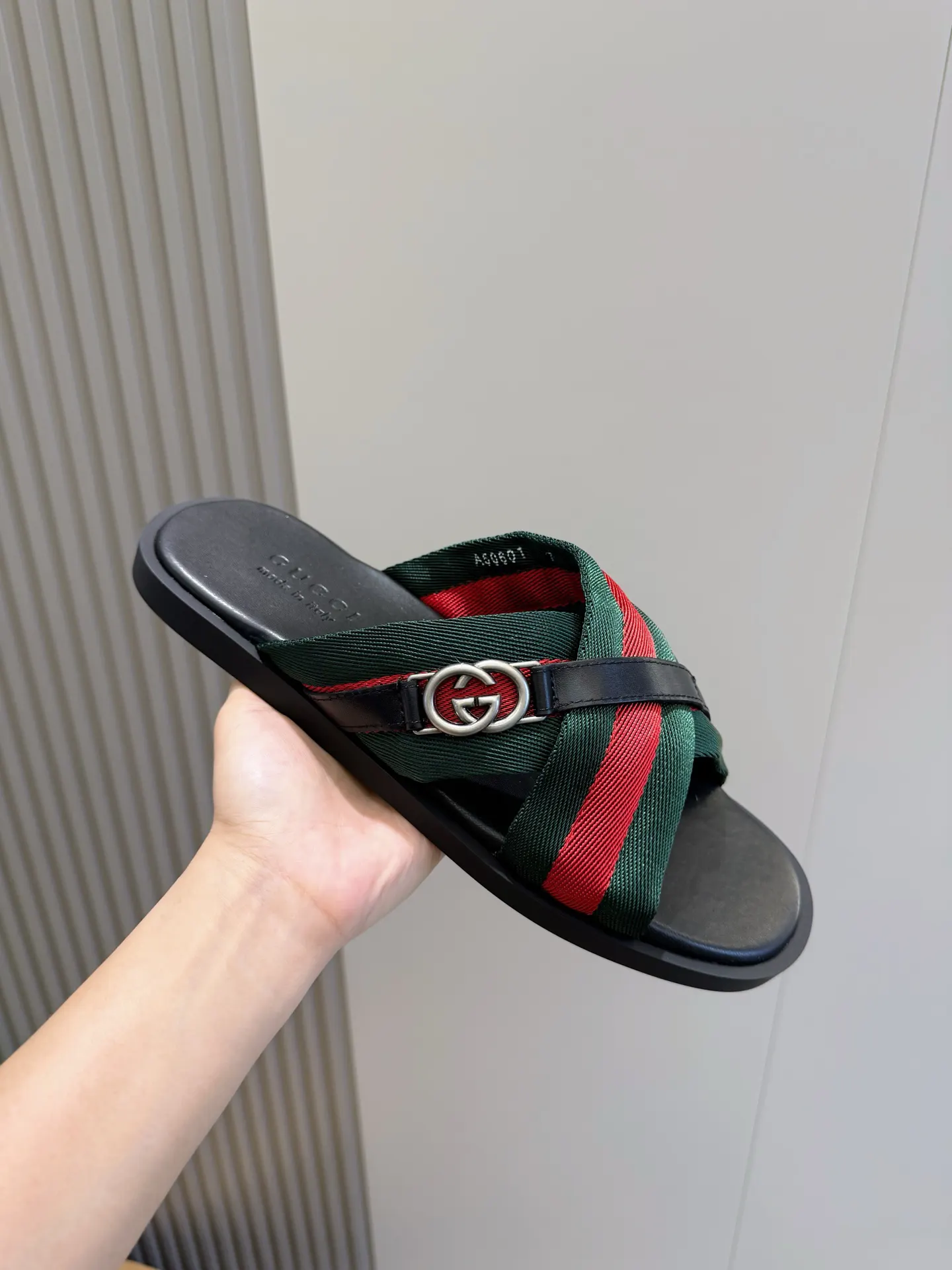 Gucci Web Stripe Cross Strap Slides In Black Red And Green
