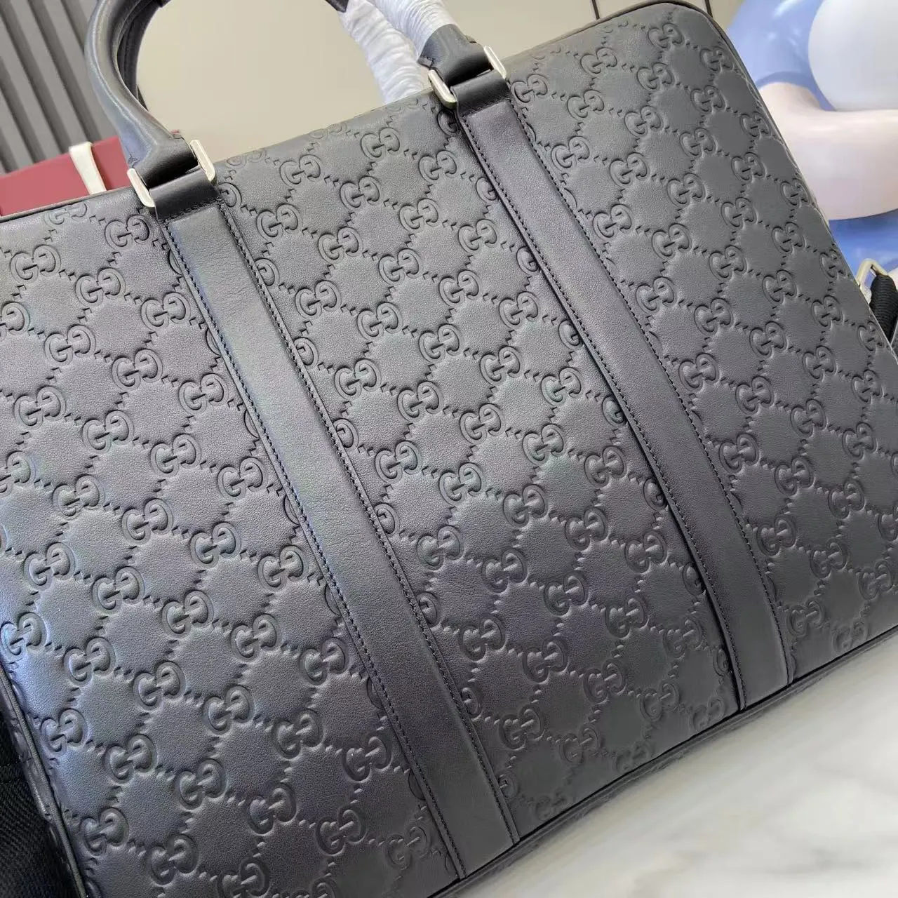 Gucci GG Emblem 黑色 帆布 公文包 商務通勤款