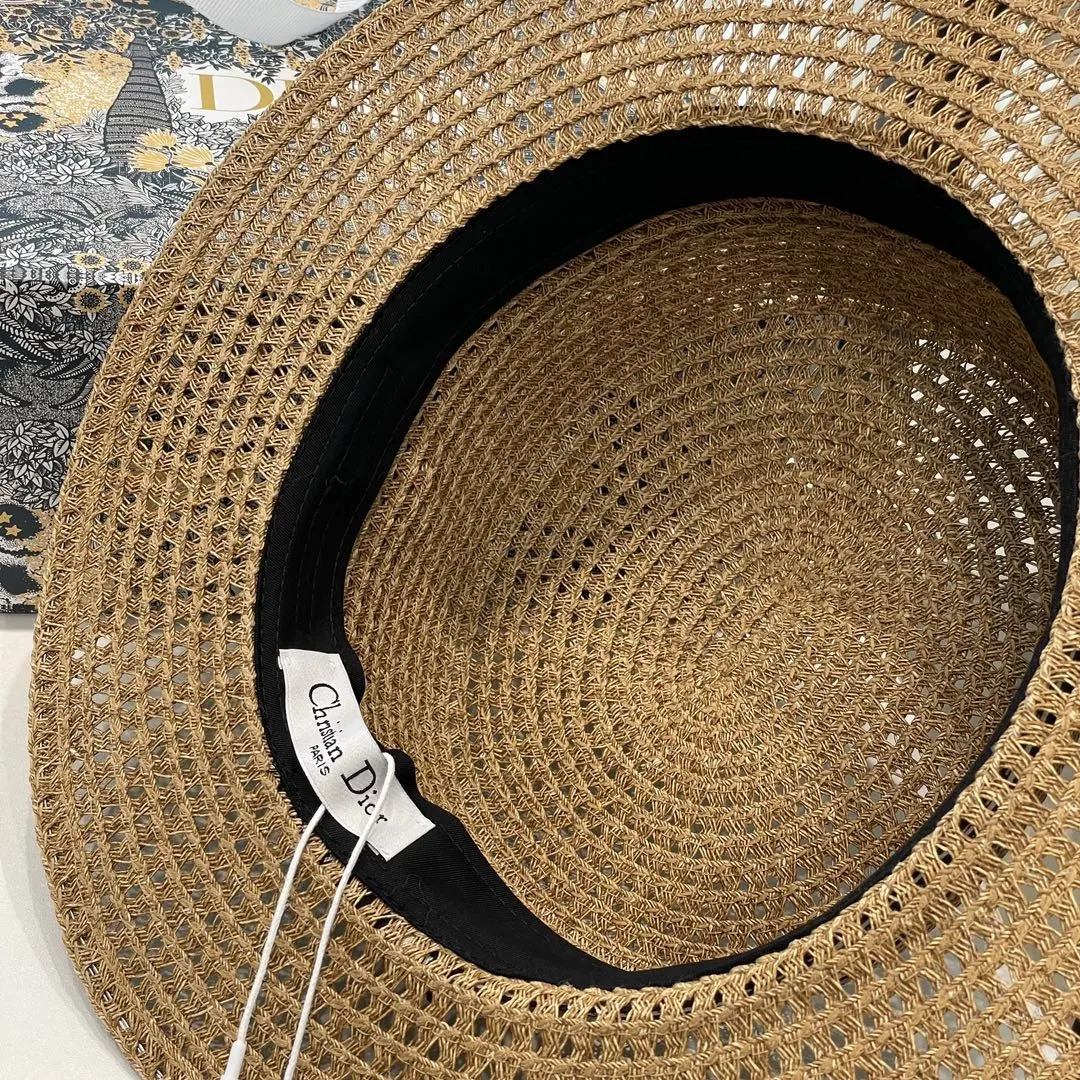 Dior 米色草编遮阳帽 黑色织带款
