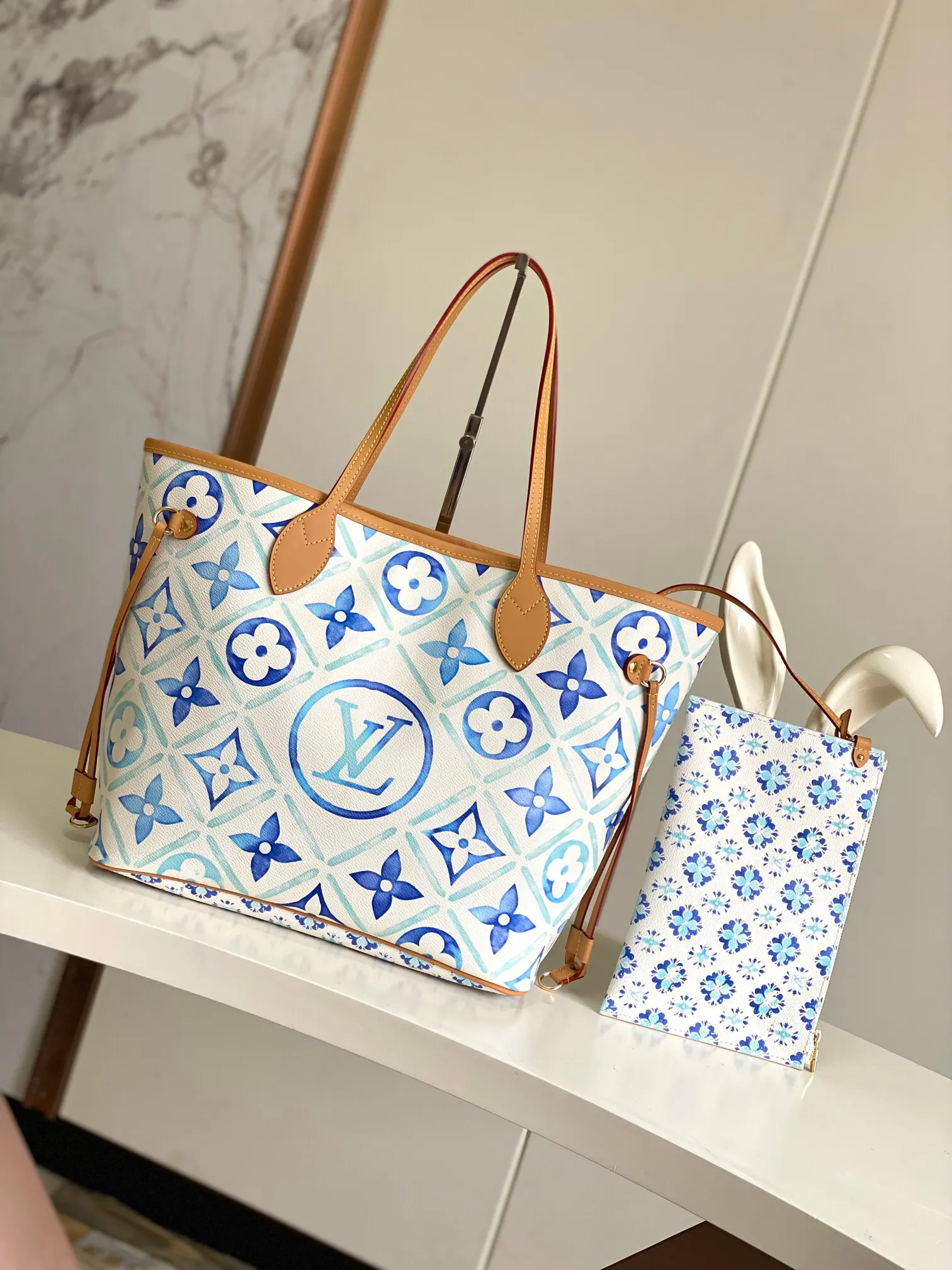 LV Neverfull 藍色 紅色 帆布 托特包 大容量托特款