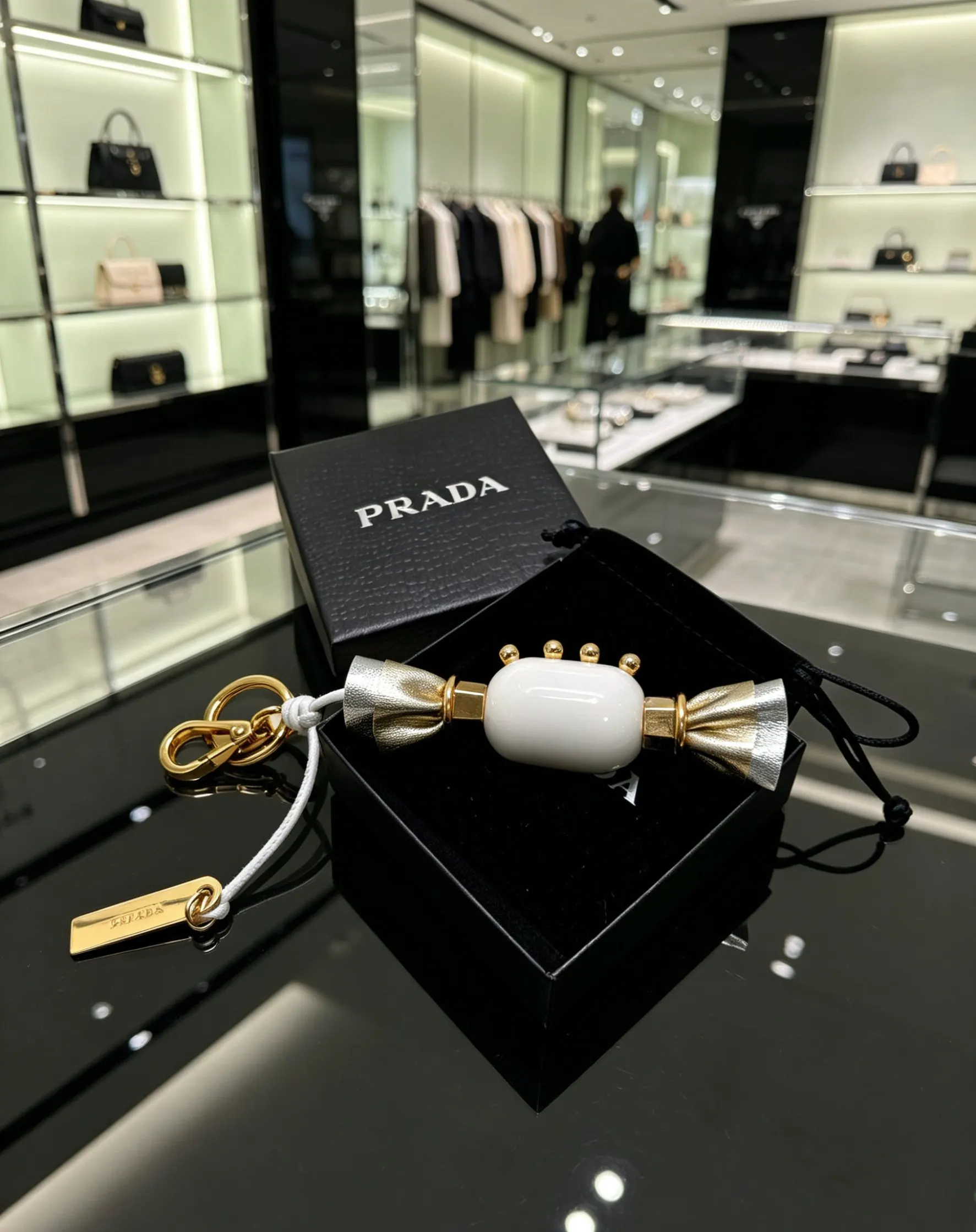Prada 金色 皮革 三角標 包包掛件/鑰匙扣