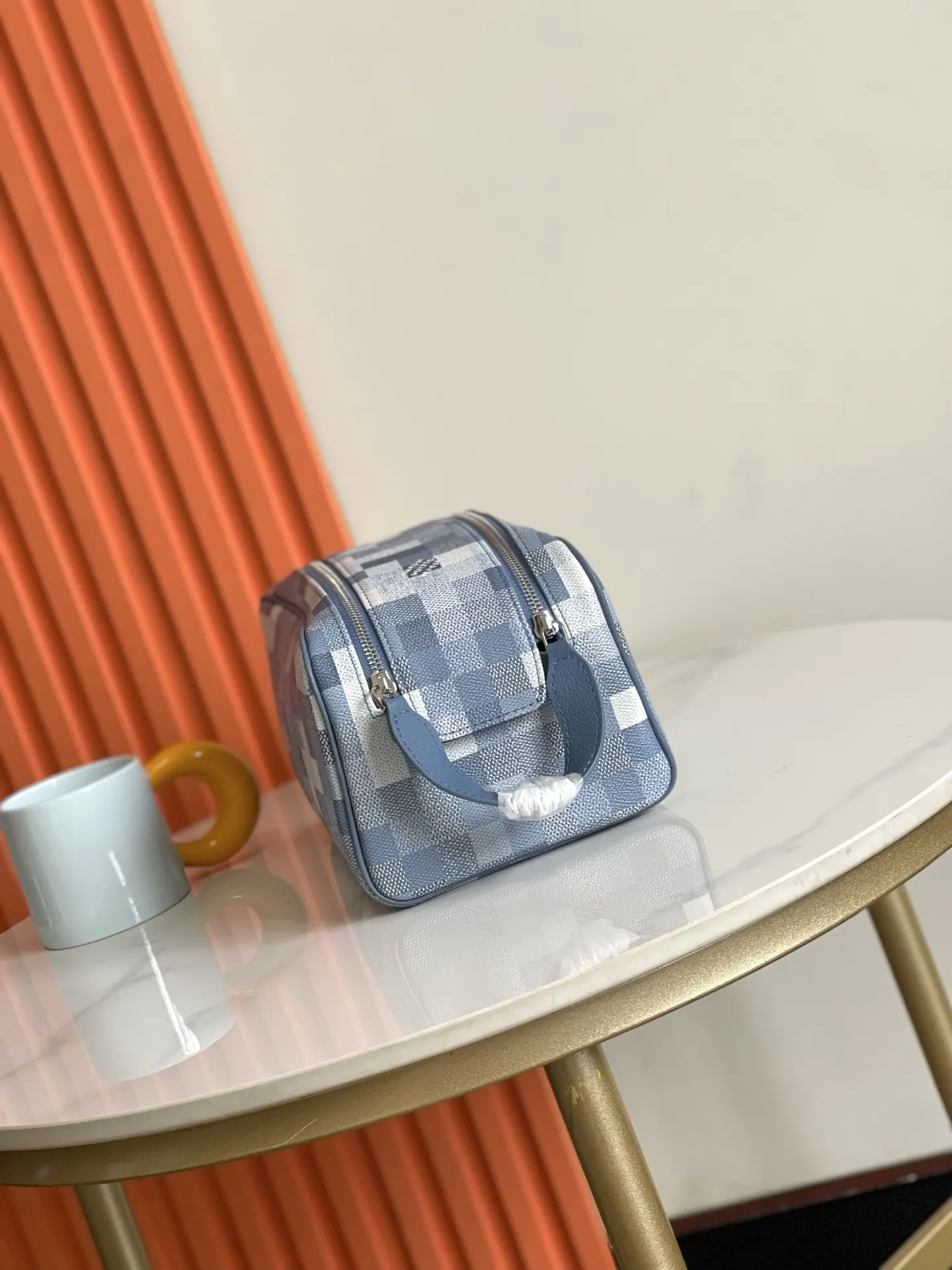 Blue Beige Cosmetic Pouch Leather