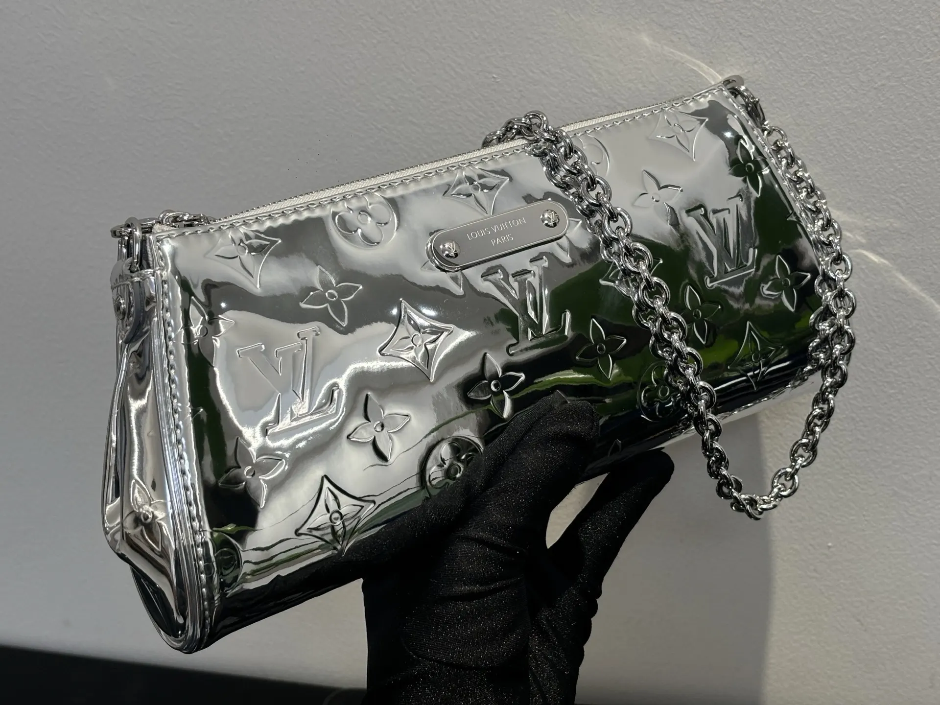 Louis Vuitton Pochette Monogram Chain Bag Silver