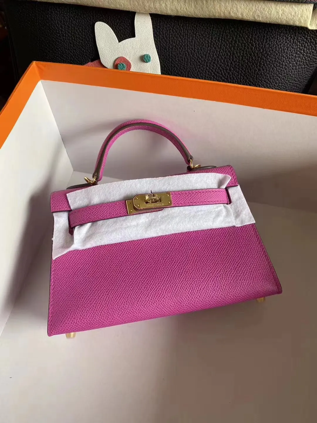 Hermès 迷你皮革手提包 玫红金扣
