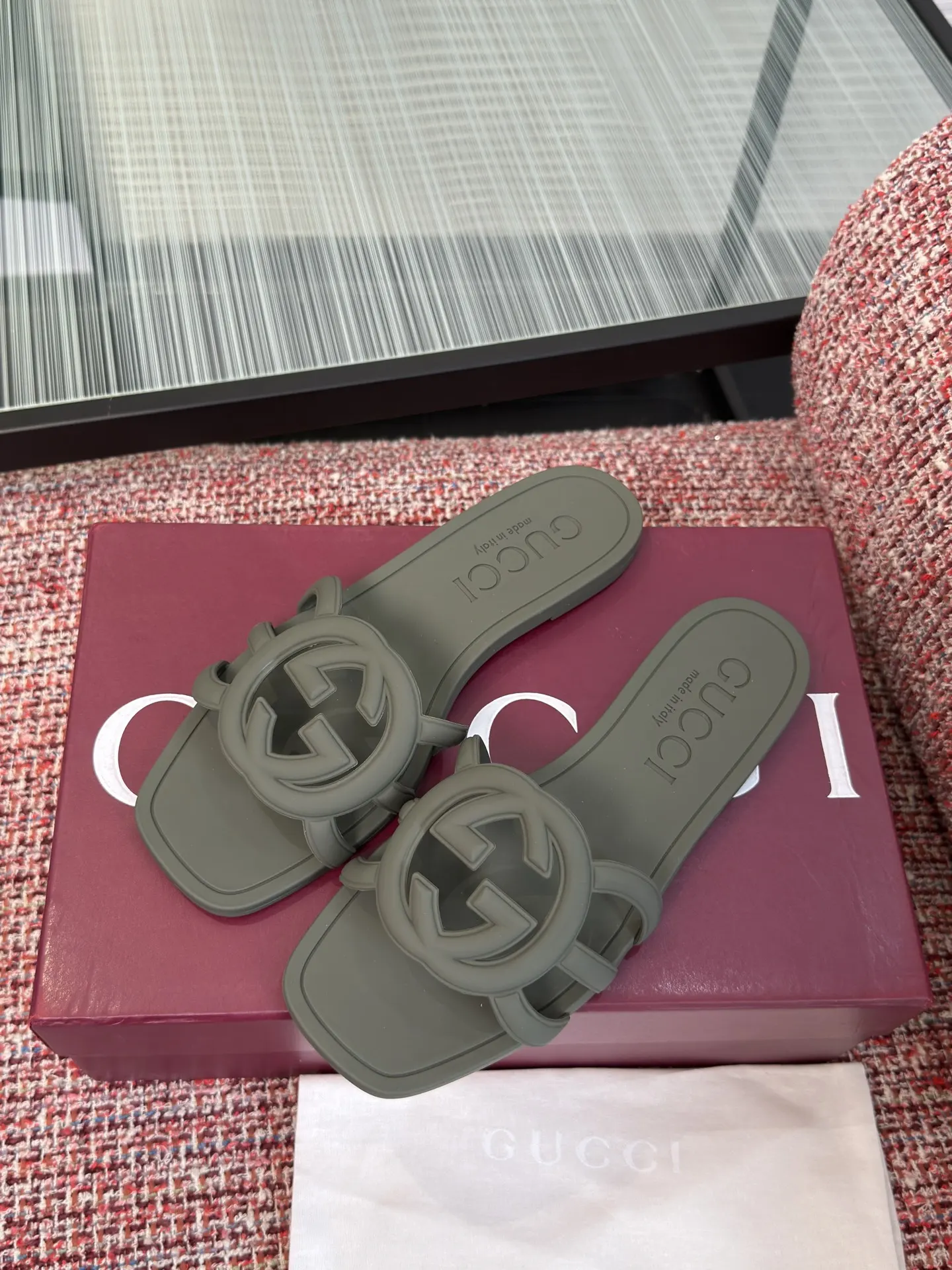 Gucci Interlocking G 灰绿色凉拖 休闲 运动鞋