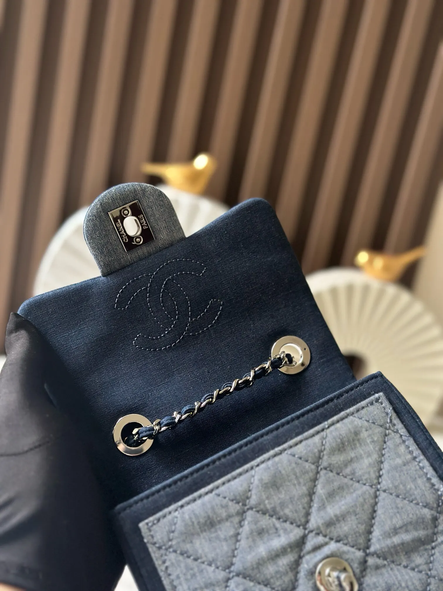 深蓝 牛仔 中古方胖子牛仔拼布深蓝牛仔徽章方胖子 拼色耐脏 链条包 精致链条款